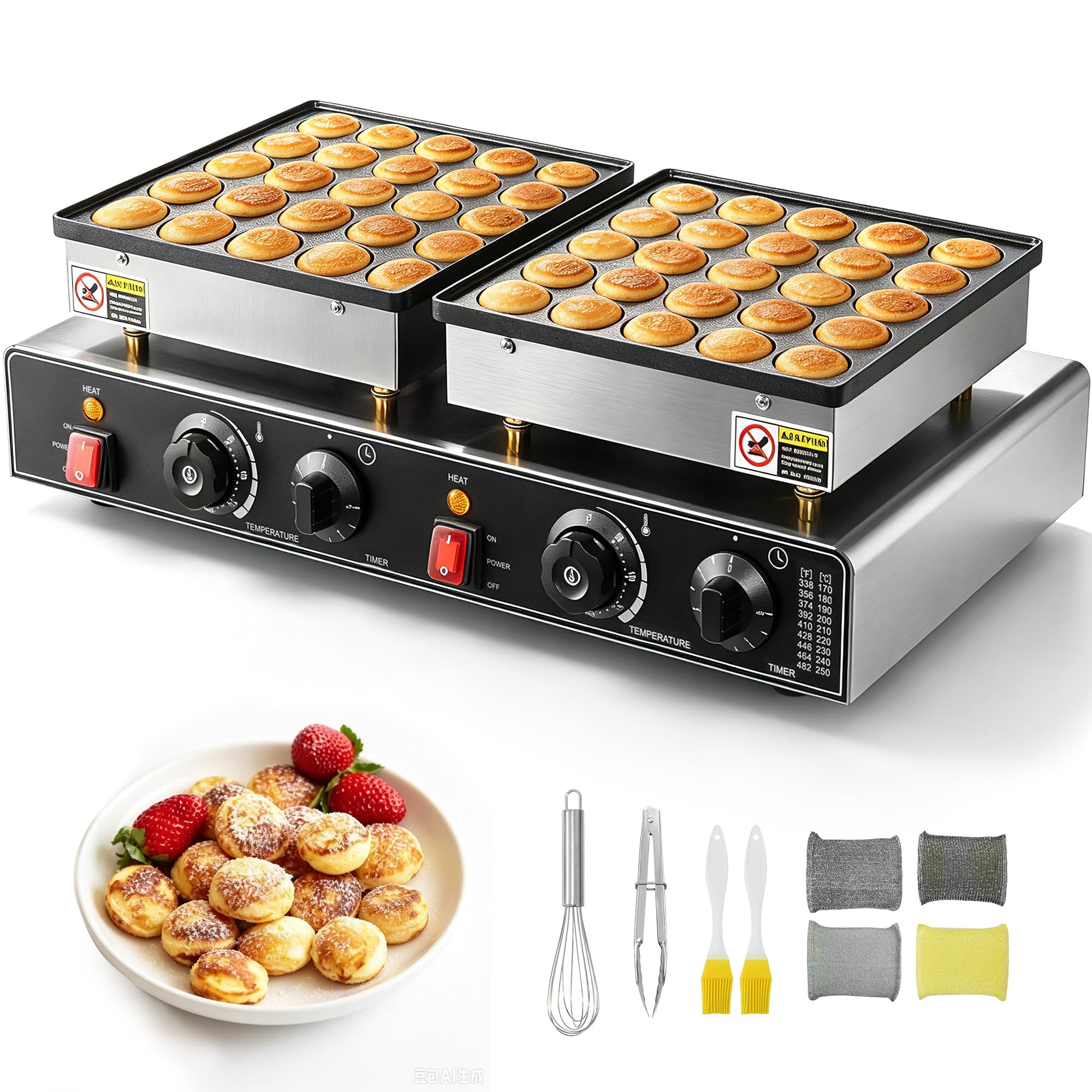 VEVOR 50PCS Mini Dutch Pancake Maker, Non-stick Stainless Steel Dorayaki Baker, 1800W Commercial Electric Poffertjes Grill Pan, Dual Temp &amp; Time Control, for Kitchen Restaurant Breakfast Dessert