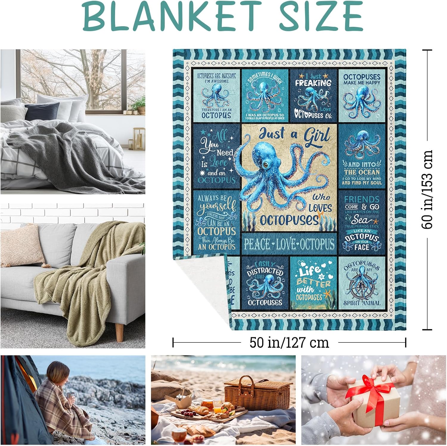 Octopus Gifts, Octopus Gifts for Women Blanket 60"X50", Octopuses Lover Gift, Octopuses Gift for Woman Girl Lover Decorations Throw Blankets for Mothers Day Christmas
