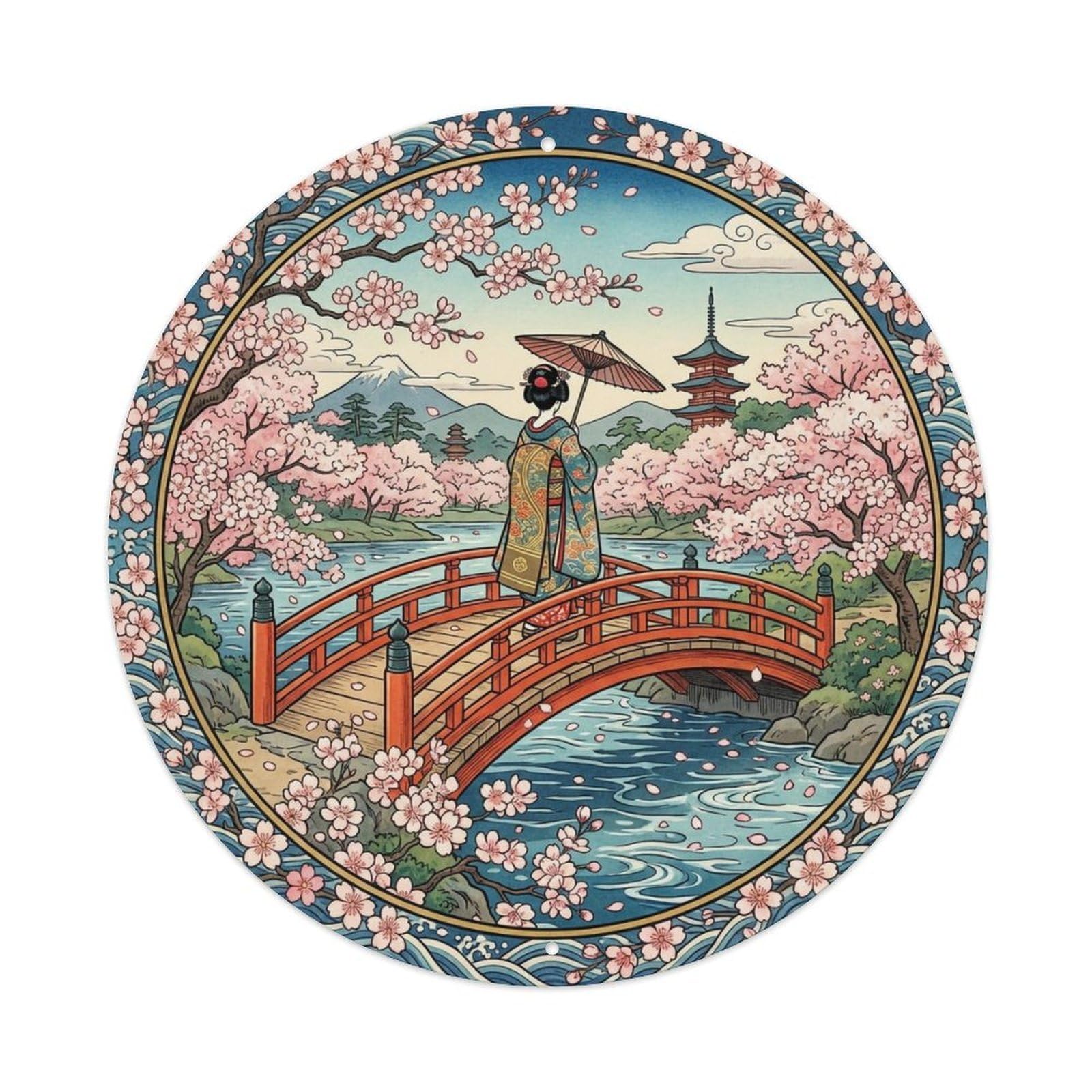 Japanese Geisha Red Bridge Cherry Blossoms Crossing Metal Tin Sign