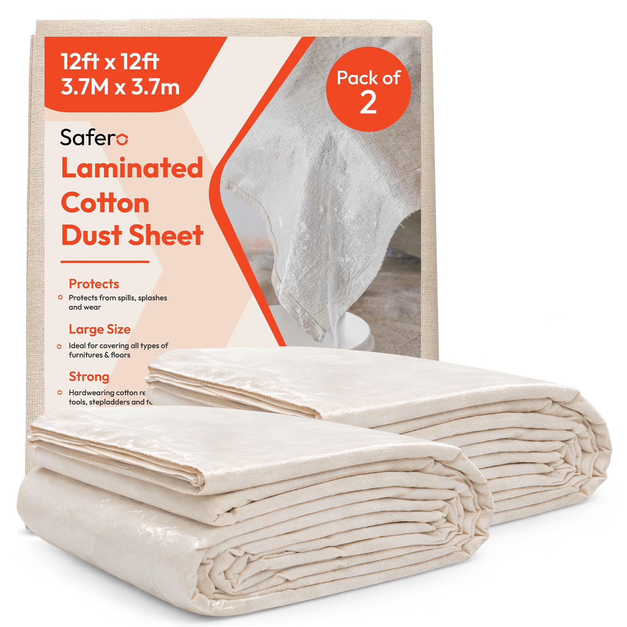 Pack of 2 Laminated Cotton Dust Sheets for Decorating & Painting Size 12ft X 12ft | Waterproof Paint Cover Sheets Backed with Plastic Polythene Sheeting | Drop Cloth for, Furnitures, Floor, StairCase