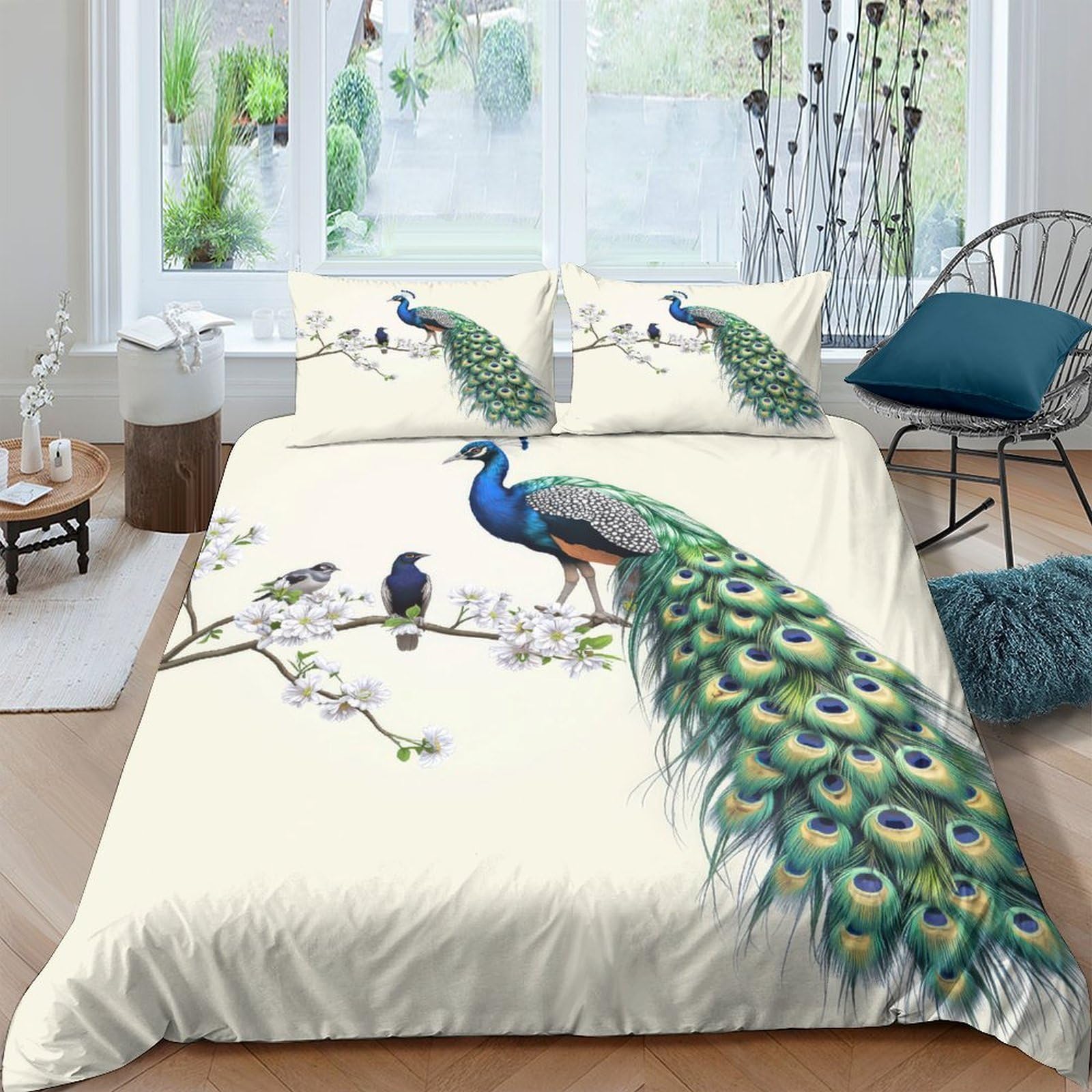Ctjqhvkz Style-3 3D Printed Peacock Branch Fitted Sheet Microfiber Soft Anti-Slip Bed Cover For Bedroom Guest Room Decor Easy Care Single（135X200cm）