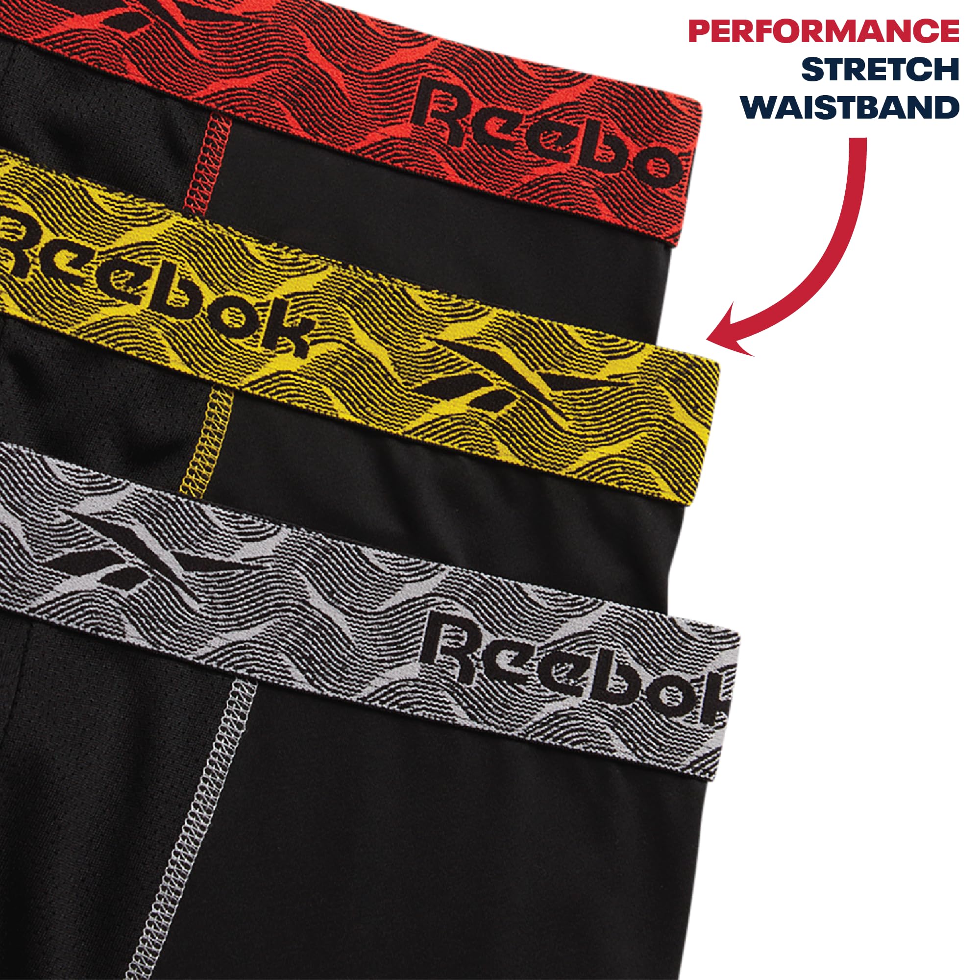 Reebok Herren-Boxershorts – 3er-Pack, 22,9 cm Schrittlänge, Stretch, Performance-Hose, lange Beine, Herren-Unterwäsche, Boxershorts mit konturierter Stütztasche, Schwarz/Schwarz/Schwarz, Medium