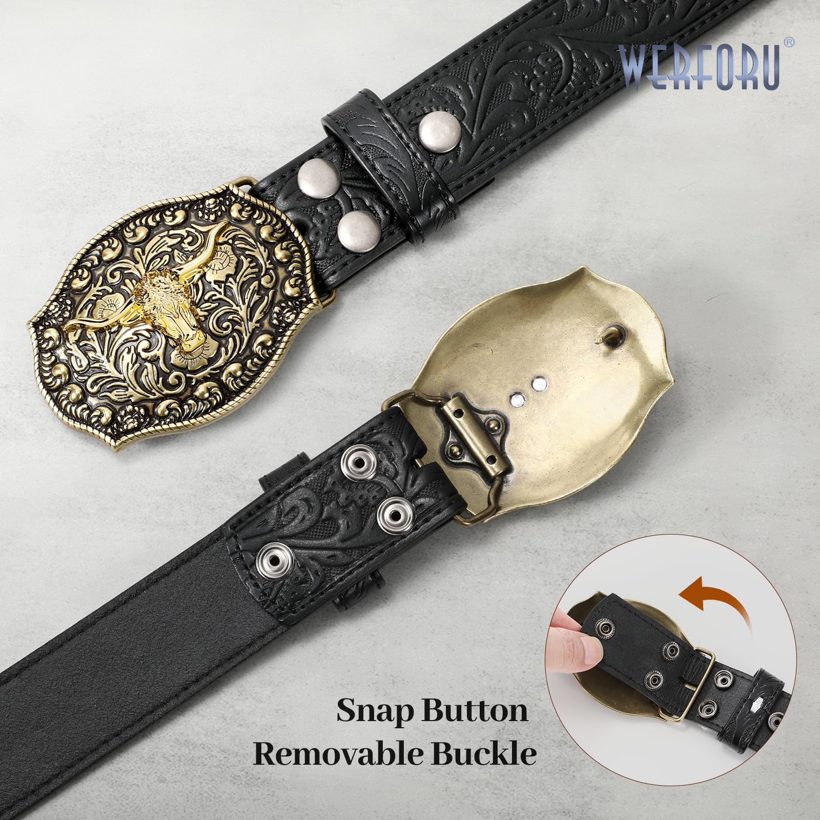 WERFORU Ceinture Cowboy en Cuir pour Hommes - Ceinture Western Homme Avec Boucle Taureau et Gravure Florale pour Jeans