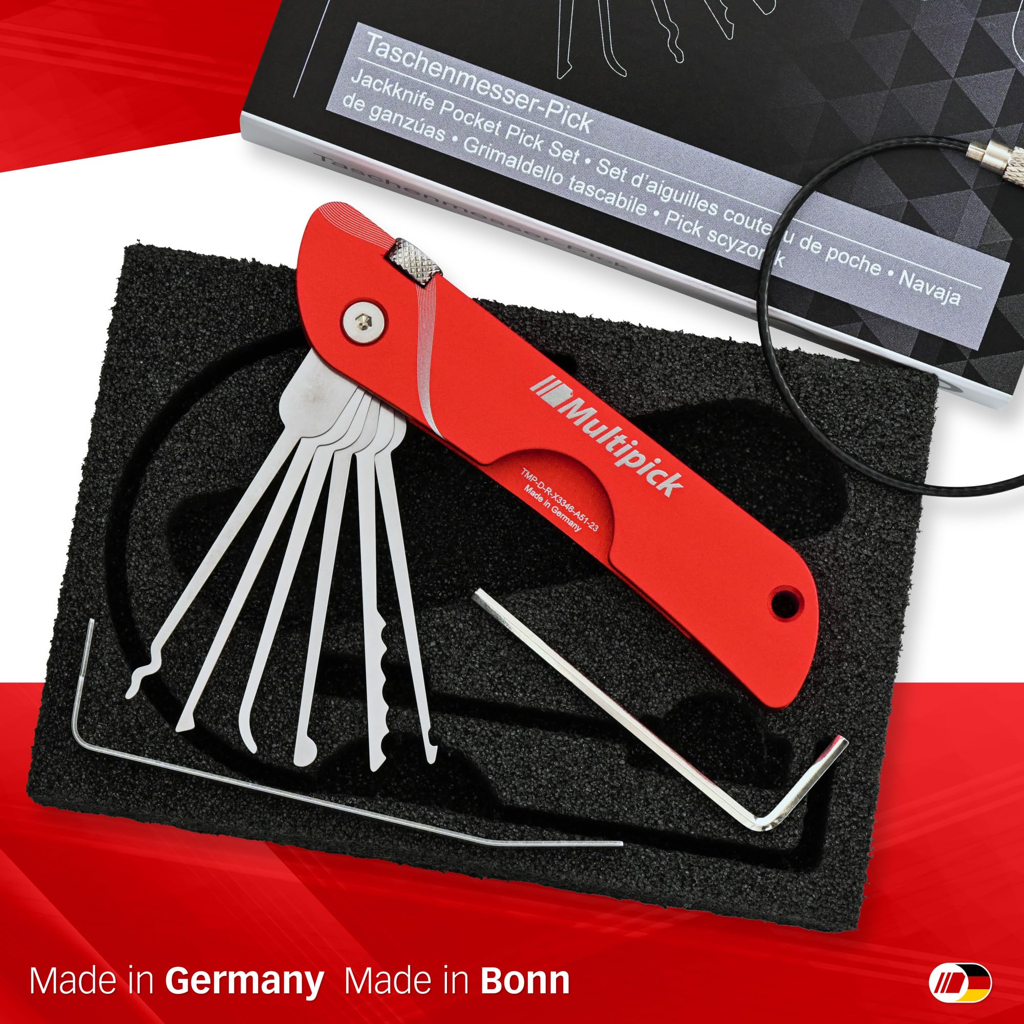 MULTIPICK Coltello tascabile Grimaldelli Set Professionale Rosso [7 strumenti] Kit Grimaldelli - Lockpicking Set - Set di Grimaldelli - Grimaldelli professionali - Lock picking