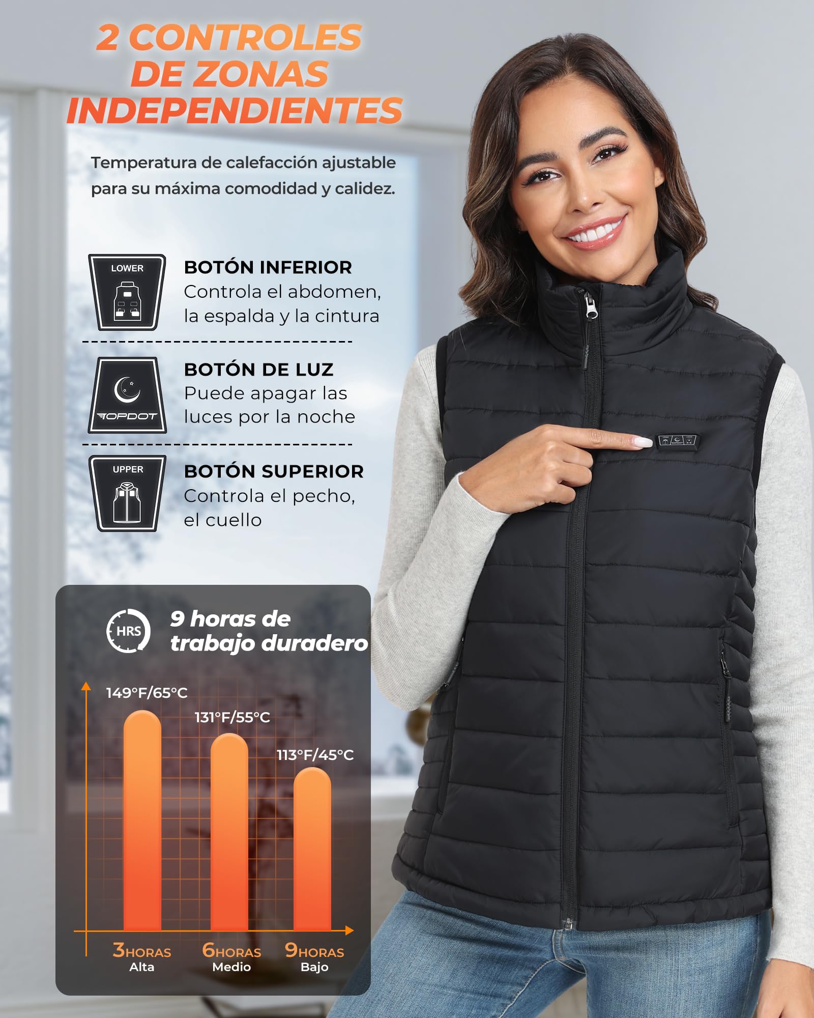 Topdot Chaleco Calefactable Mujer, Chaleco Térmico con Batería de 7.4V 16000mAh, 10 Zonas de Calentamiento, Chaleco Calefactable Eléctrico Ligero con 3 Temperaturas para Trabajo al Aire Libre