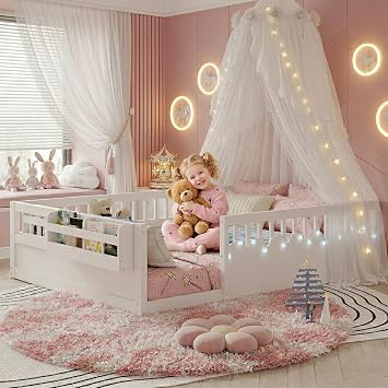 Full Montessori Floor Bed with High Rails, Wooden Full Size Bed Frame Kids with LED Lights & Storage Shelf, Montessori Beds Frames for Kids, Girls, Boys, White