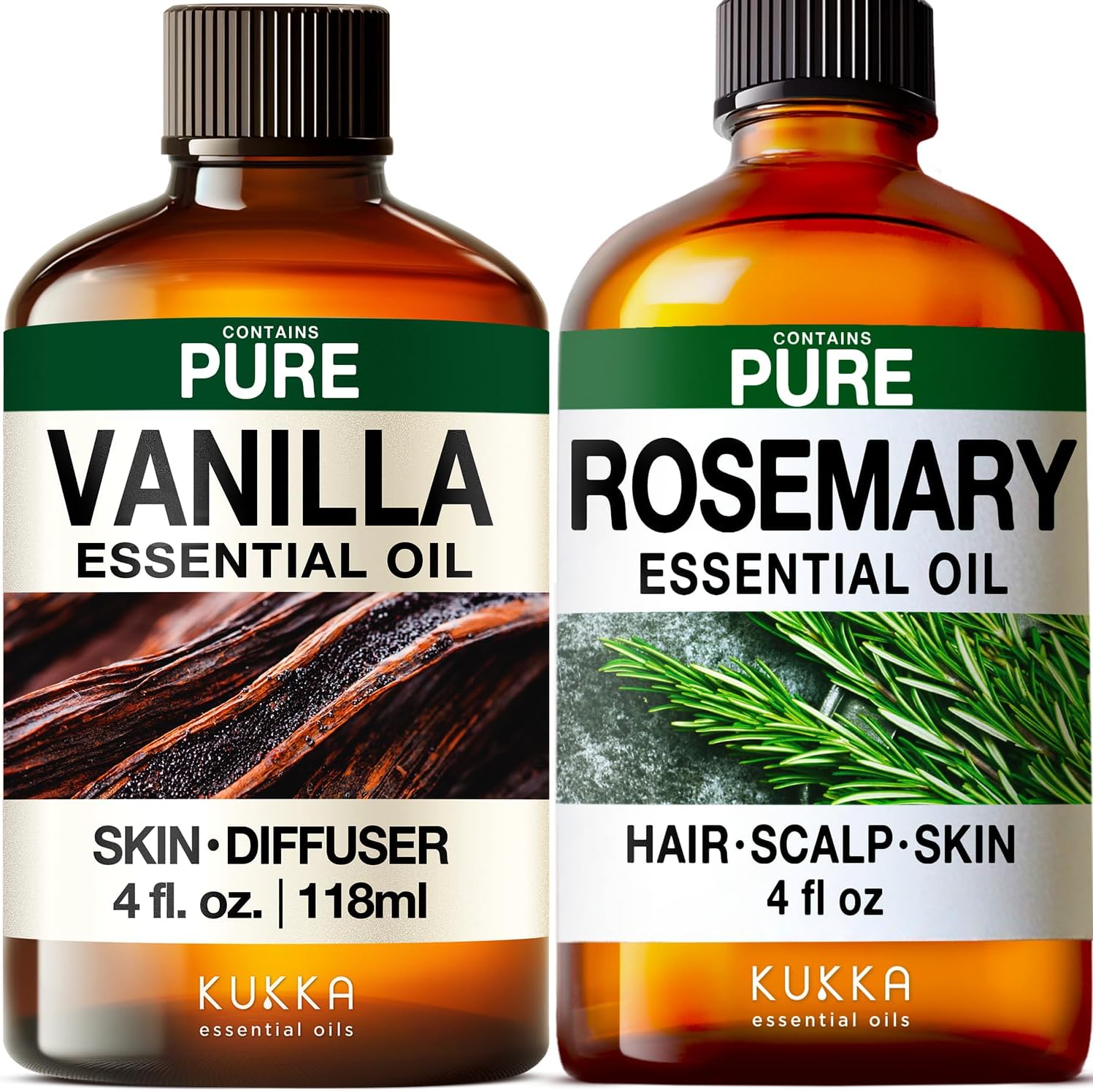 Vanilla Essential Oil for Diffuser & Rosemary Oil for Hair Set - Aromatherapy Grade Essential Oils Set - 2x4 fl oz - Kukka