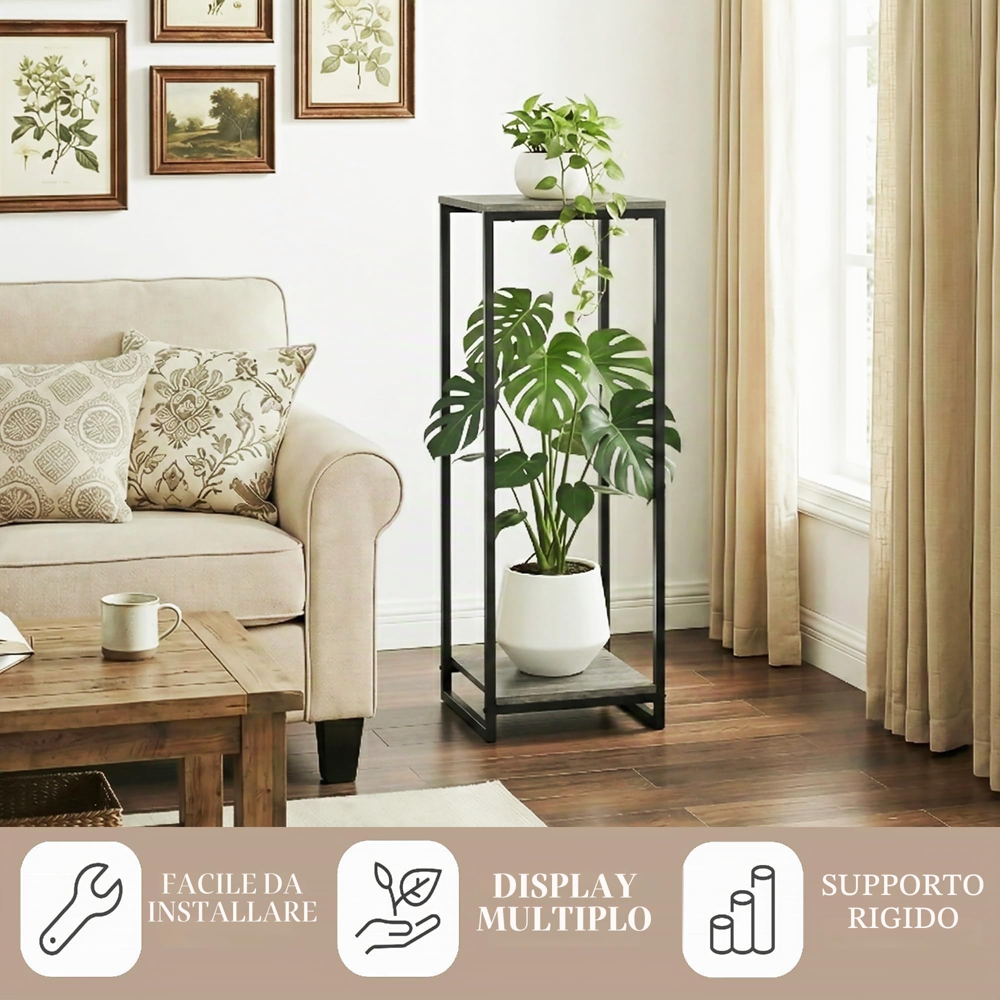 Supporto per piante da interno, alto 86,4 cm, scaffale moderno a 2 ripiani, supporto per vasi da fiori ad angolo, organizer per soggiorno, balcone, patio, giardino (grigio quercia)