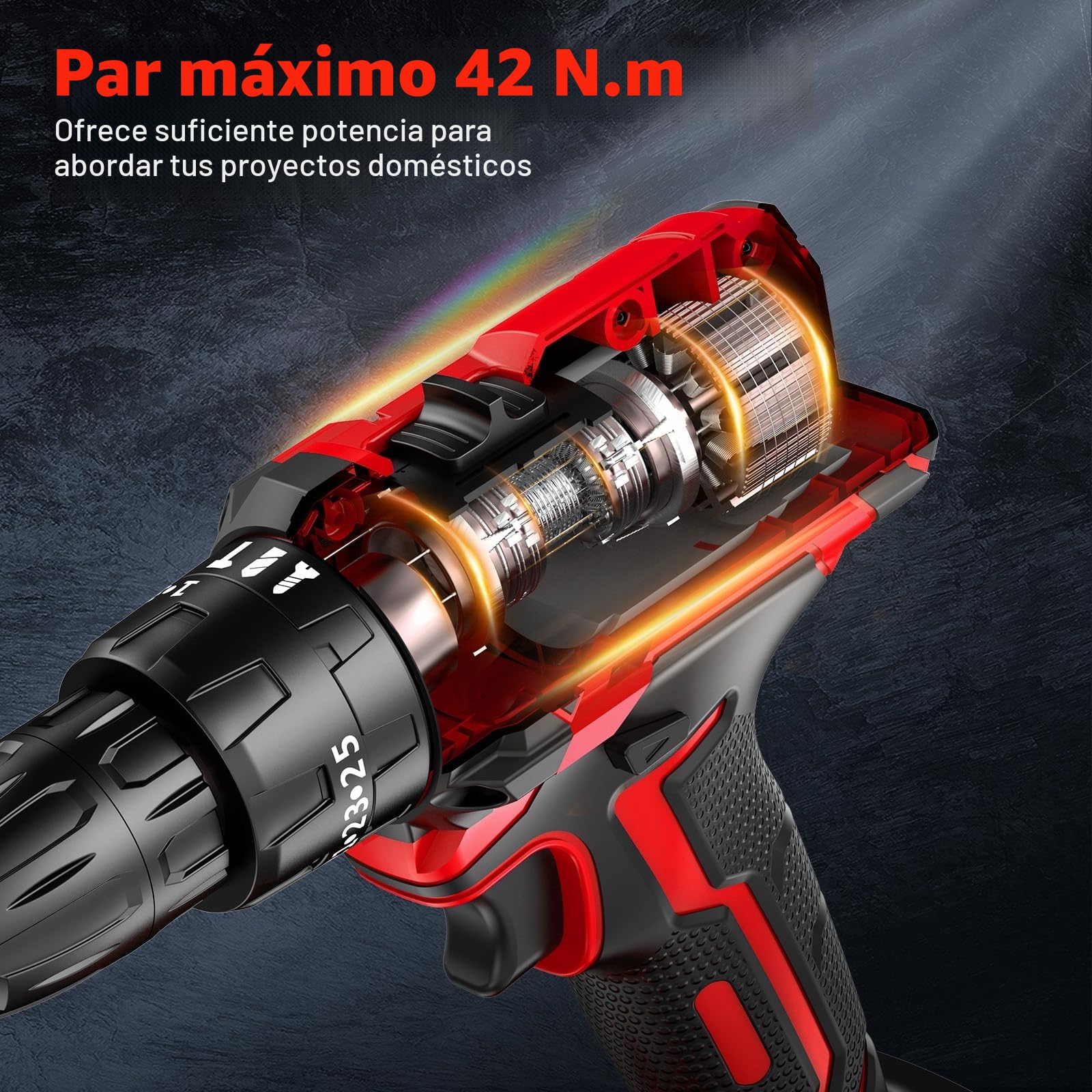 BETENST Taladro Percutor a Bateria 21V, Taladro Atornillador Bateria 42Nm con Baterías 2.0Ah, 25+3 Ajuste de Par Destornillador Electrico, 23 Accesorios, Portabrocas de 10mm Para Hogar, Bricolaje