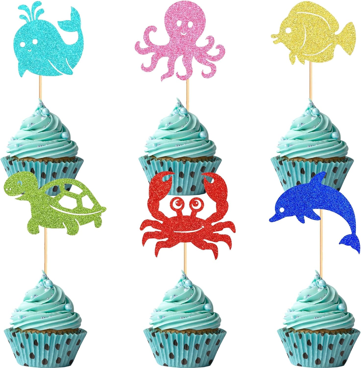 12 Pcs Sea Animal Cupcake Toppers – Glitter Crab, Turtle, Octopus & Whale Decorations for Sea Theme Parties, Birthdays & Cake Decor Supplies