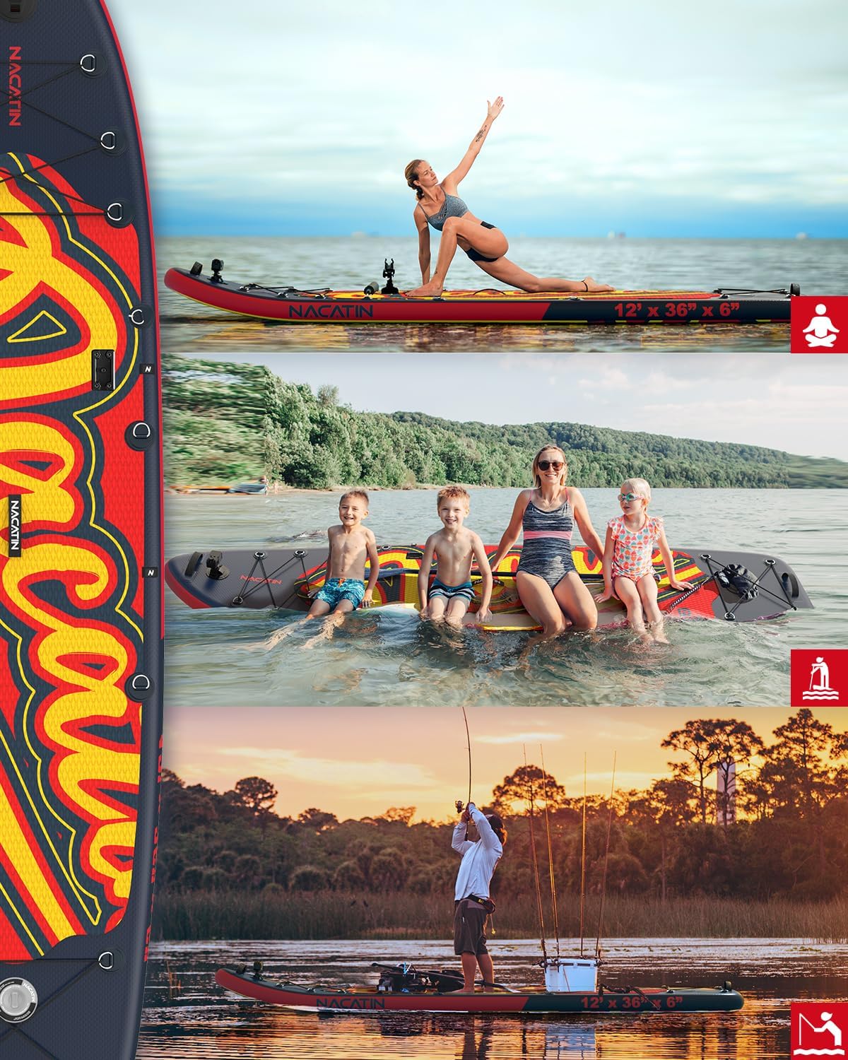 NACATIN 12'/366cm Extra Large Inflatable Stand Up Paddle Board with Seat, Wide 36"/91cm SUP Board for Adults & Family, with Single/Double Paddle, Kayak Seat, Pump, Stable Wide Deck for Beginners