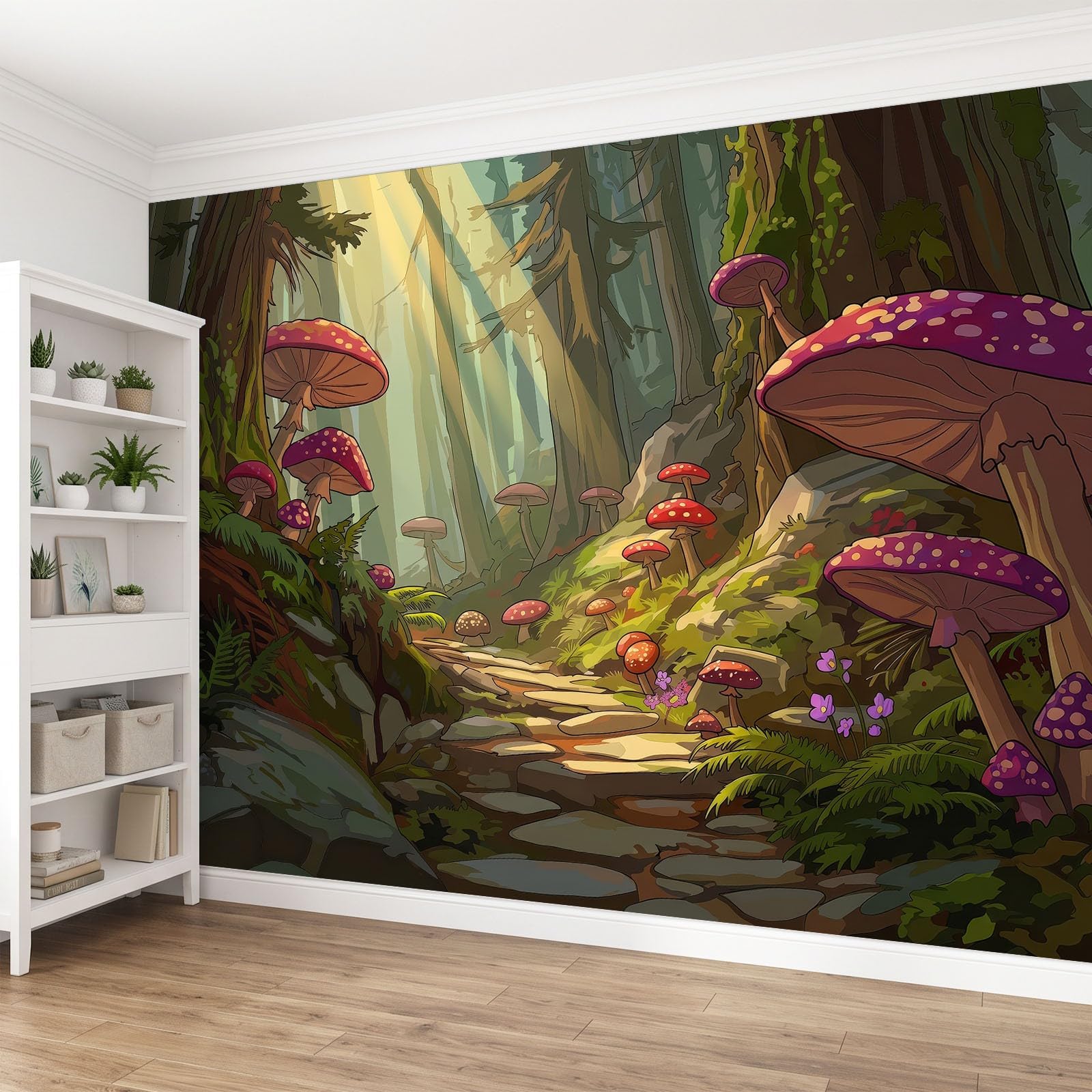 Panoramiczna tapeta 350x256, ilustracja Fantastyczna bajka Fototapeta z włókniny gobelin plakat ścienny do salonu dekoracja ścienna do sypialni, dzieci zaczarowany las grzyby