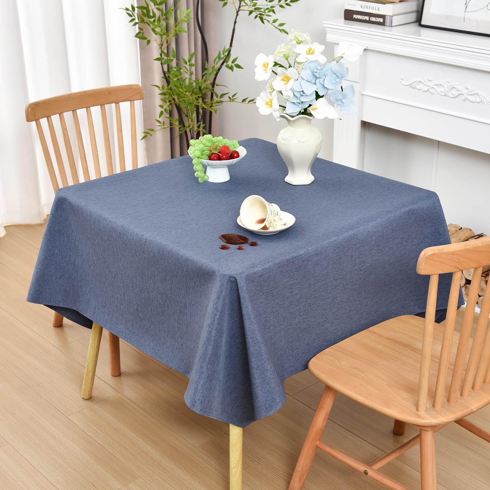 Photo 1 of Wolkemer Farmhouse Faux Linen Square Tablecloth 54 x 54 Inch - Water Resistant Table Cloth Washable Wipeable Table Cover for Home Kitchen Dining Wedding Party Banquet (Mist Blue)