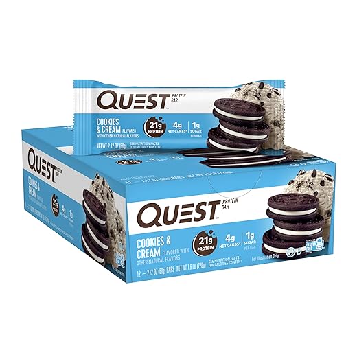 Quest Nutrition Cookies & Cream Protein Bars, 21g Protein, 1g Sugar, 4g Net Carb, High Fiber, Gluten Free, Keto Friendly, 12 Count
