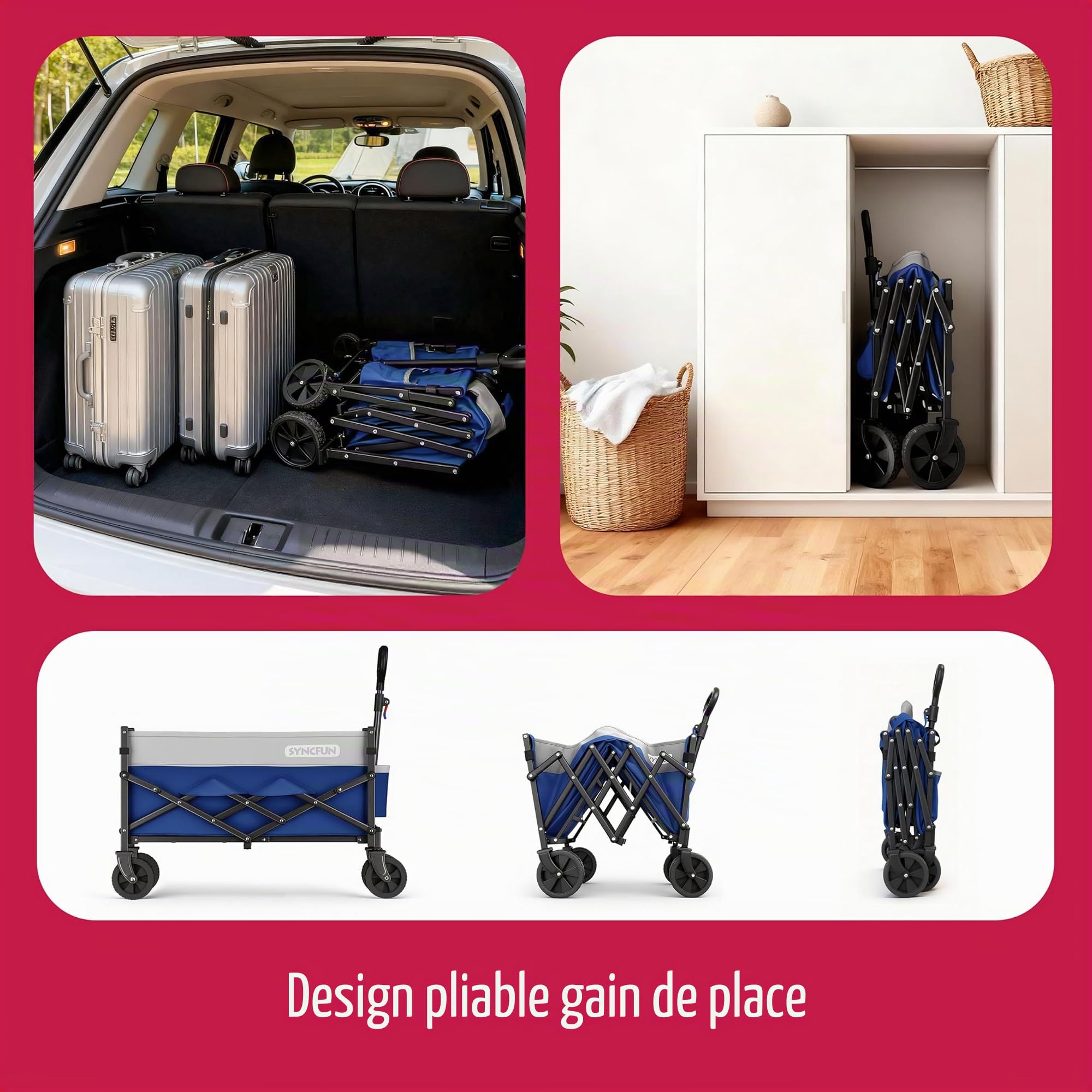 SYNCFUM Chariot de Chariot Pliable avec Roues, Robuste, 250 kg, avec poignée Flexible, Chariot Utilitaire de Plage pour Jardin, Camping et Bleu