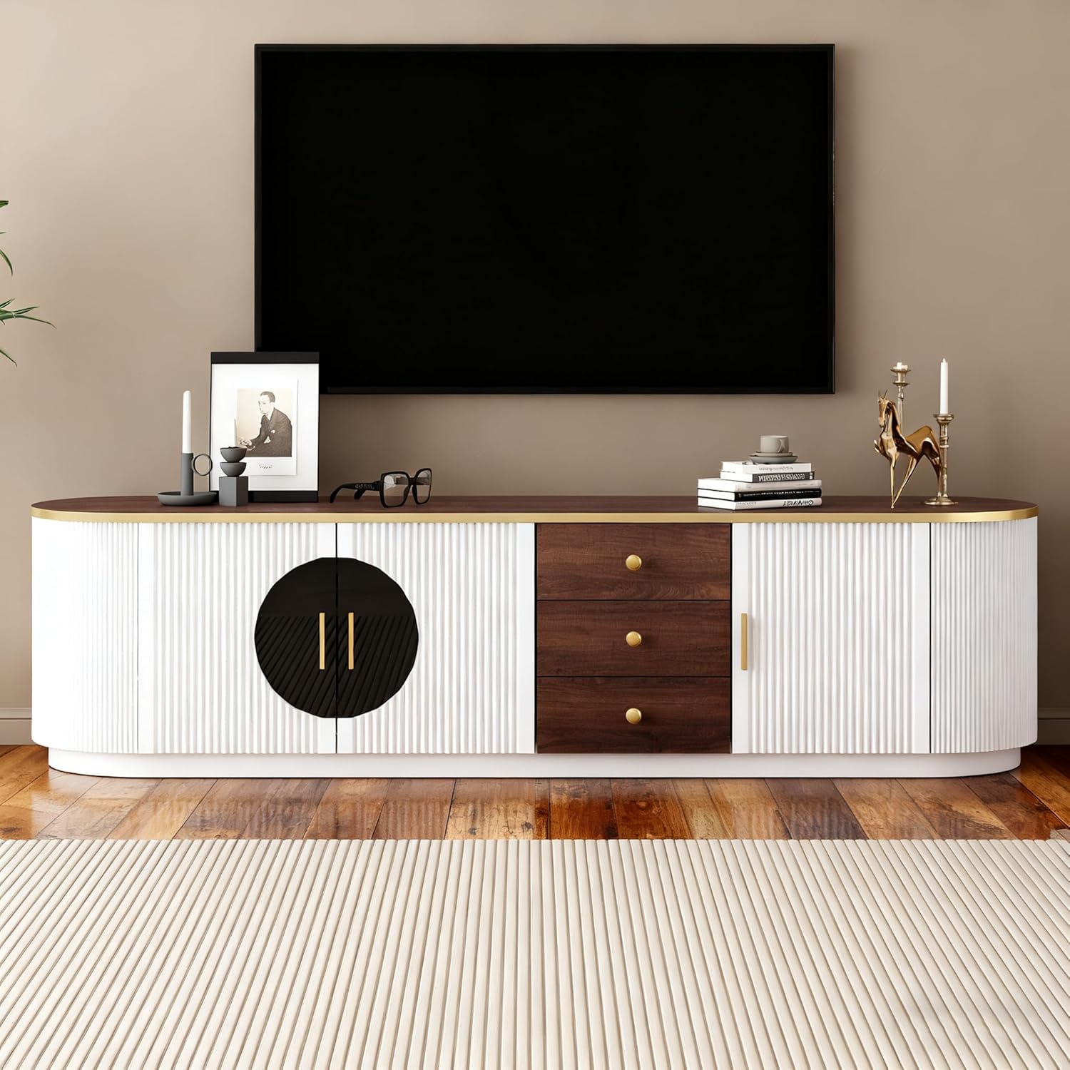 70.8'' Modern Minimalist TV Stand for TVs up to 80 Inches, Entertainment Center with 3 Drawers and 1 Shelf, Metal Handles and 2 Cabinets for Living Room,(White, up to 80-89“