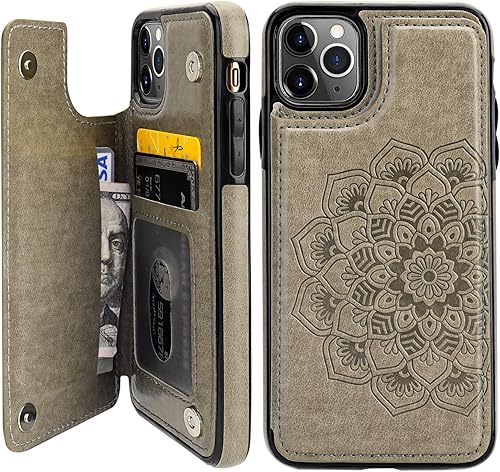 Miniatura 8 de Vaburs Funda para iPhone 11 Pro Max con tarjetero y diseño de mandala en relieve, piel sintética de alta calidad, doble botones magnéticos, a prueba