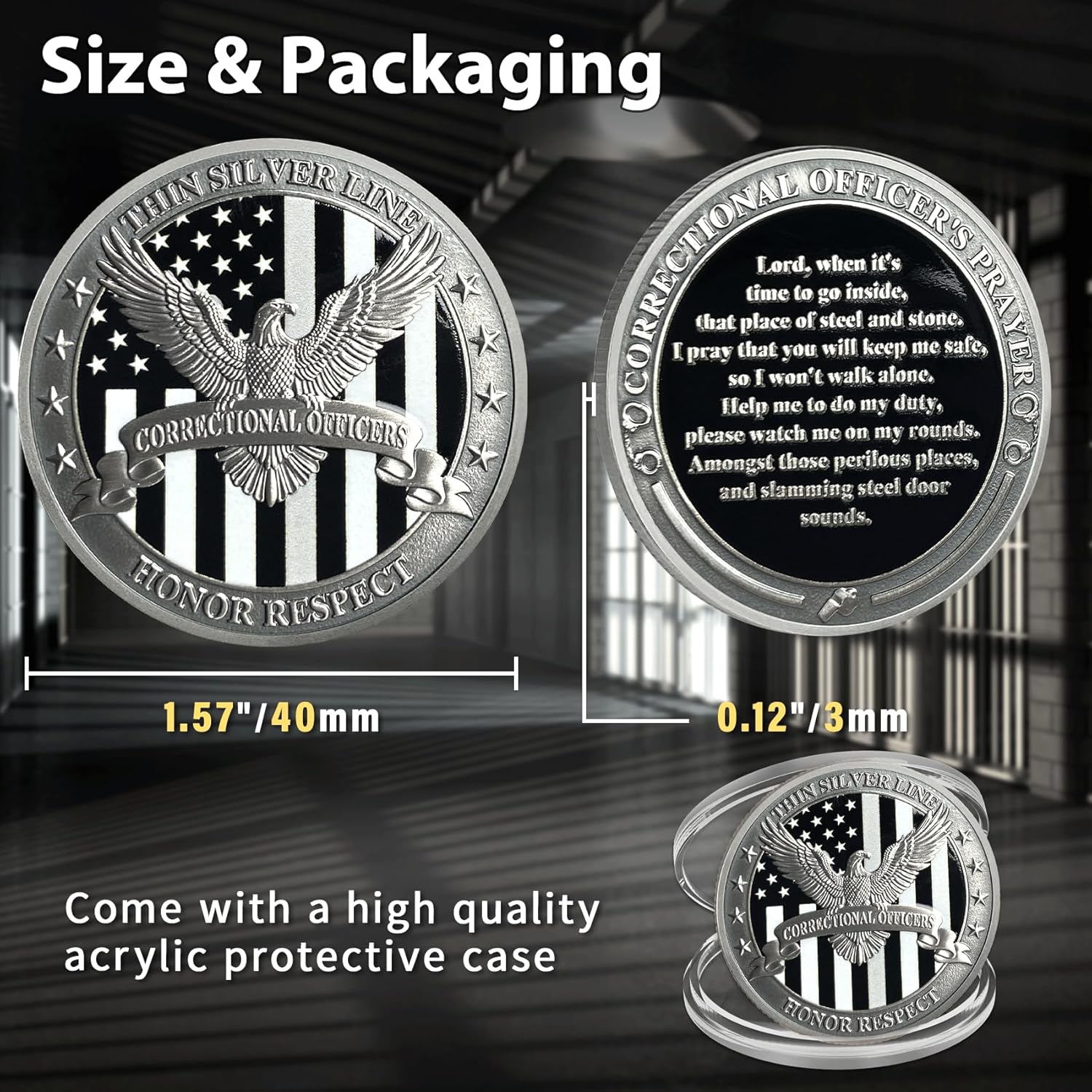 1Pcs Thin Gray Line Coin – Correctional Officer Prayer Coin with Eagle Design – Thin Blue Line Challenge Coin – Gray Prison Police Coin – Law Enforcement Appreciation Gift (Silver) (1 PCS)