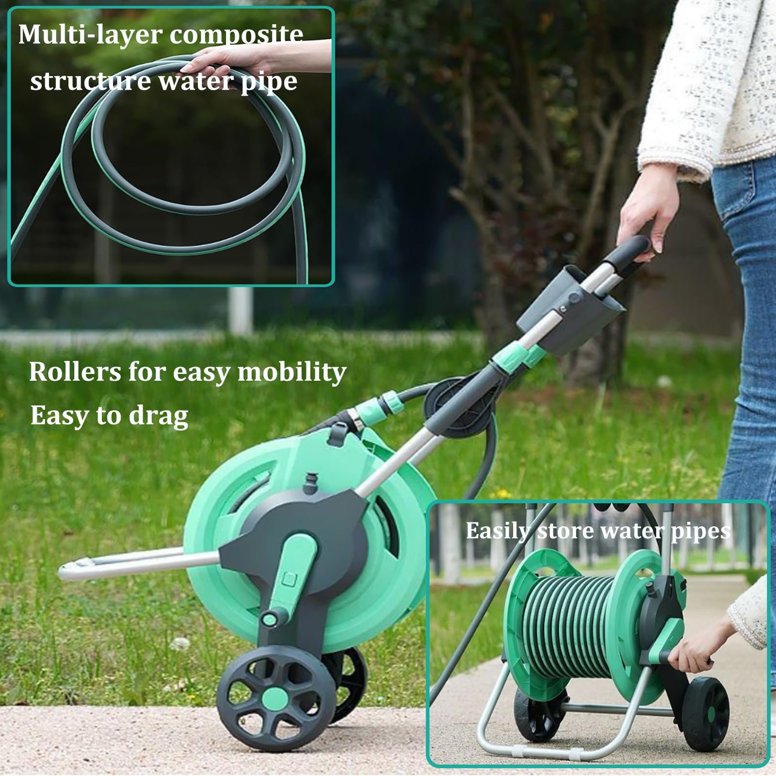 Carrello avvolgitubo retrattile con guida integrata, ugello regolabile e raccordi, design portatile su ruote per prato, cortile, lavaggio auto e pulizia dei vetri (3 pistole ad acqua, tubo da 20 m)