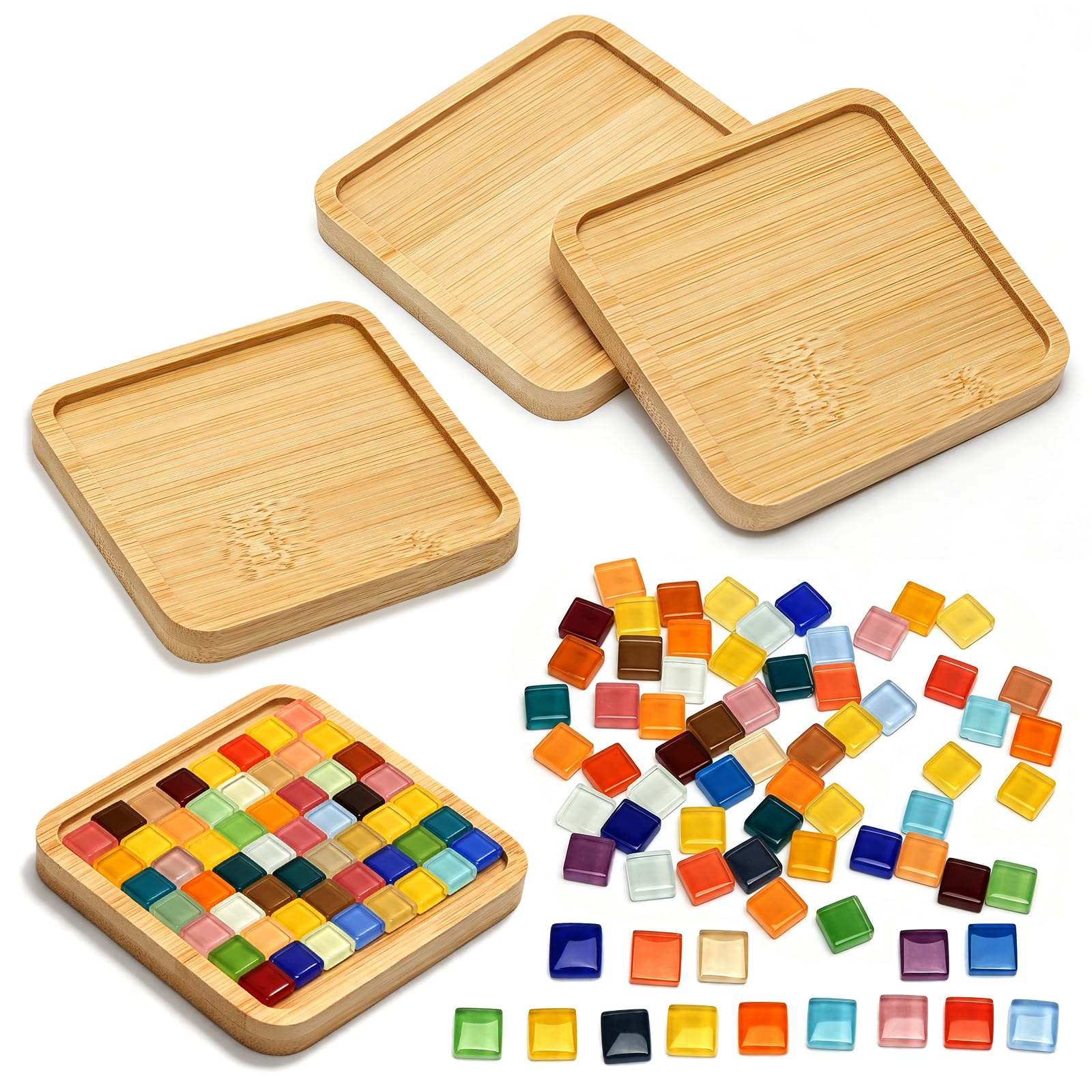 4 Pcs Fillable Coasters, 9×9cm Square Bamboo and 200 Pcs Glass Mosaic Tiles