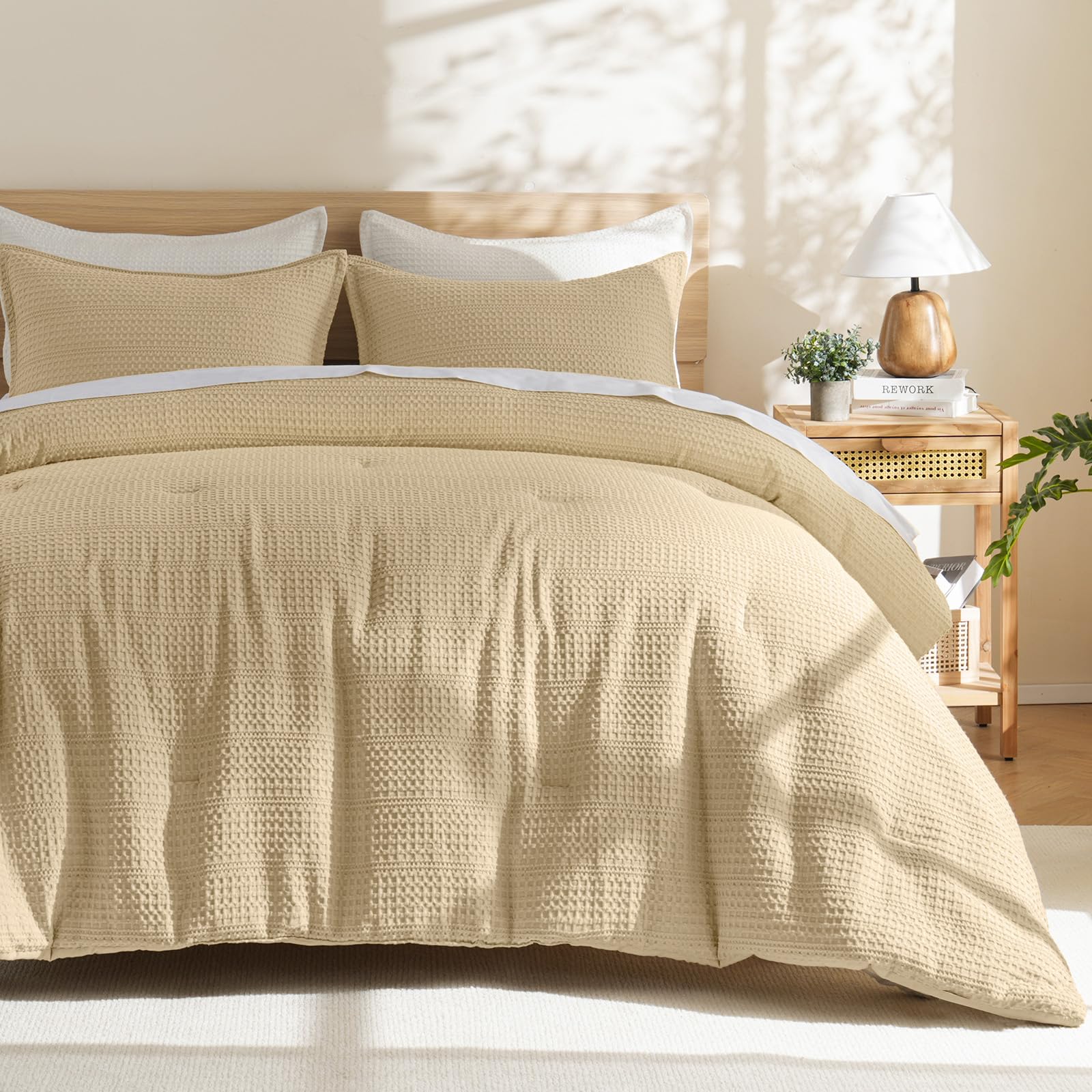 phf soft waffle comforter set king size- comfy breathable waffle weave comforter with 2 pillow shams, 3 pieces less snagging lightweight textured bedding set for all season, light khaki