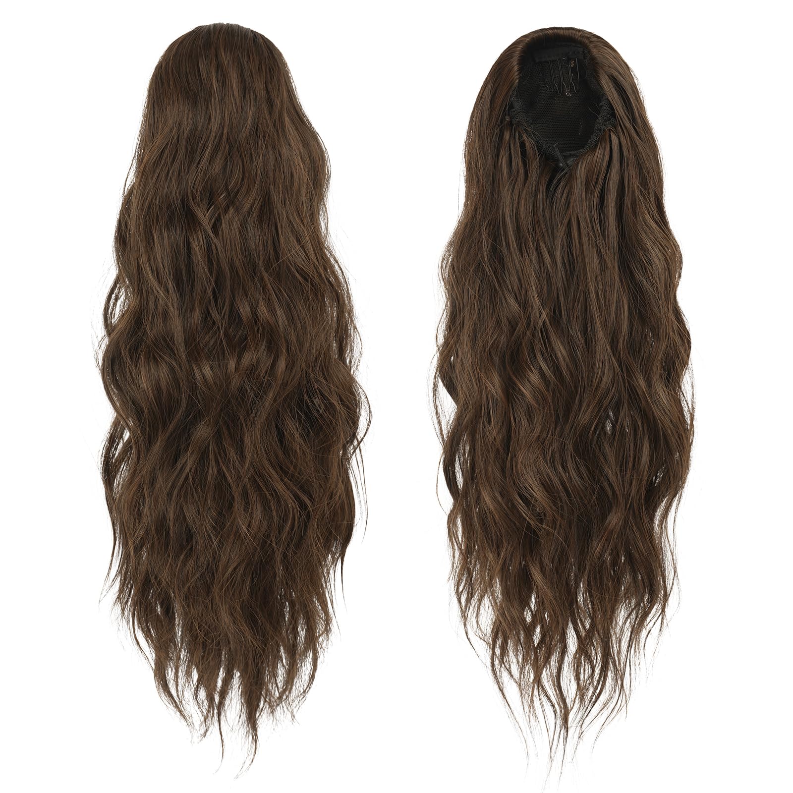 FESHFEN Pferdeschwanz Haarteil mit Kordelzug, 45 cm Wellen Zopf Pferdeschwanz Verlängerung Haare Extension Synthetik Lang Wellig Haarverlängerung für Damen, Braun und hellkastanienbraun gemischt