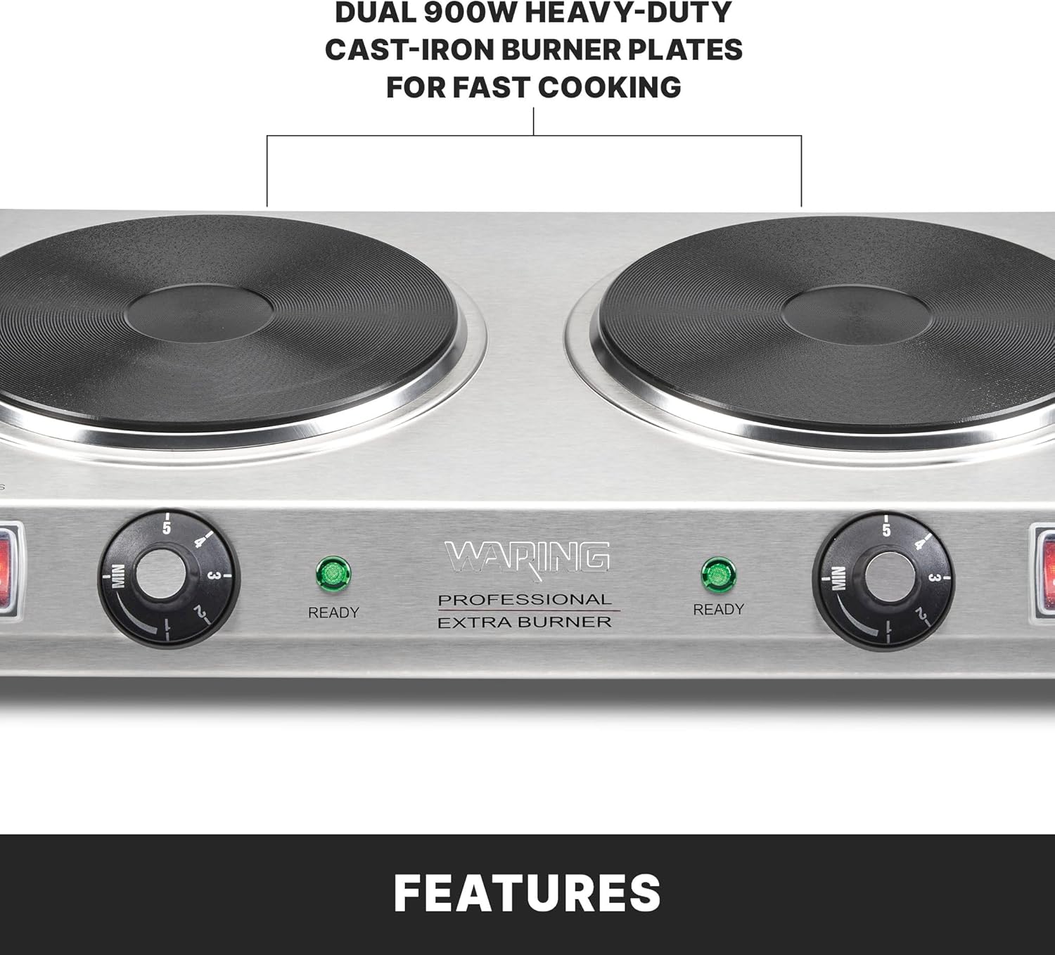 Waring Commercial Double Burner, Two Heavy‑Duty 7.5" Cast‑Iron Plates for Countertop Cooking, Catering, and Professional Kitchens, WDB600X