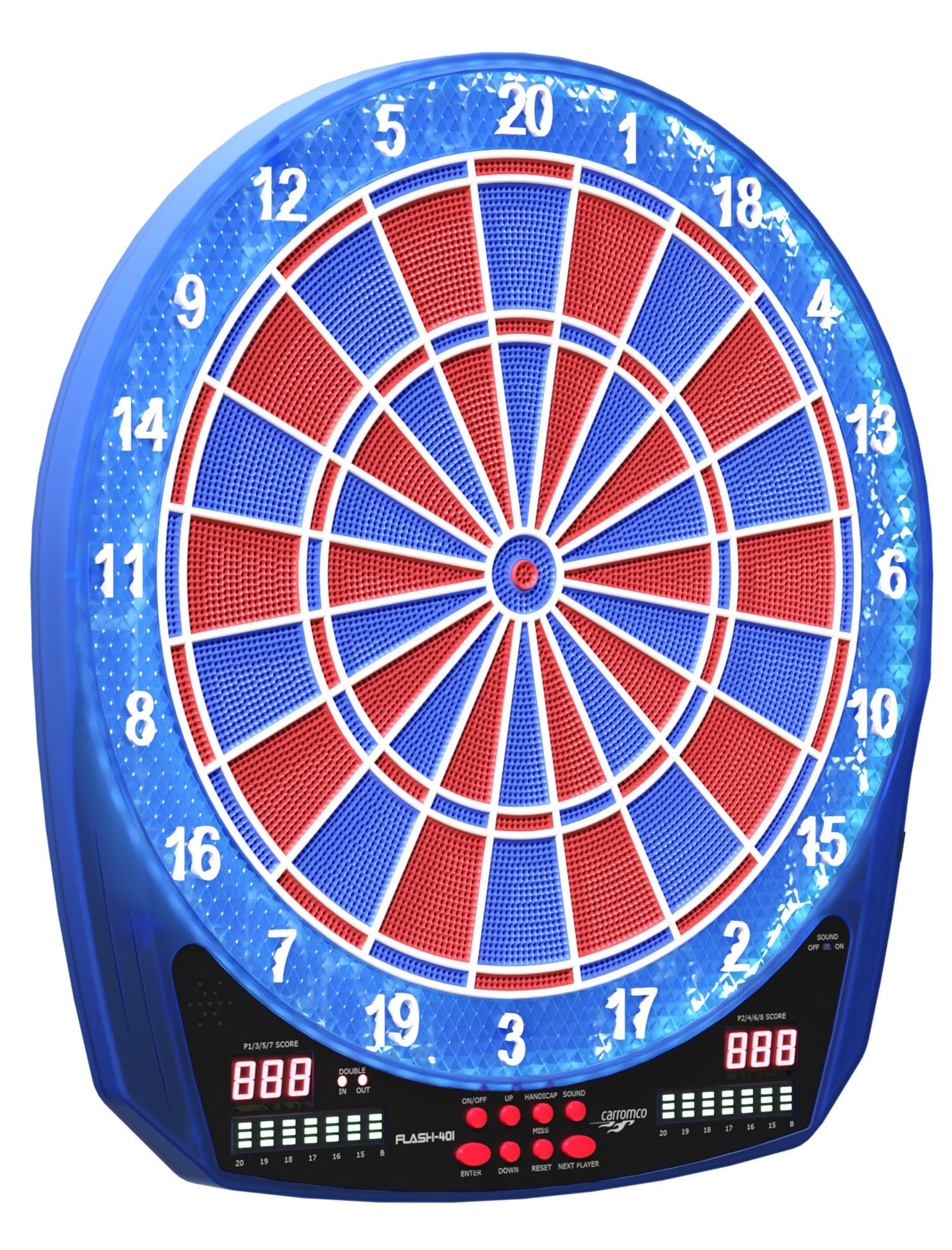 Carromco Freccette elettroniche FLASH-401, distanza a 2 fori, set di freccette fino a 8 giocatori, 35 giochi e 584 varianti, gioco blu, rosso, 42 x 3,2 x 46 cm