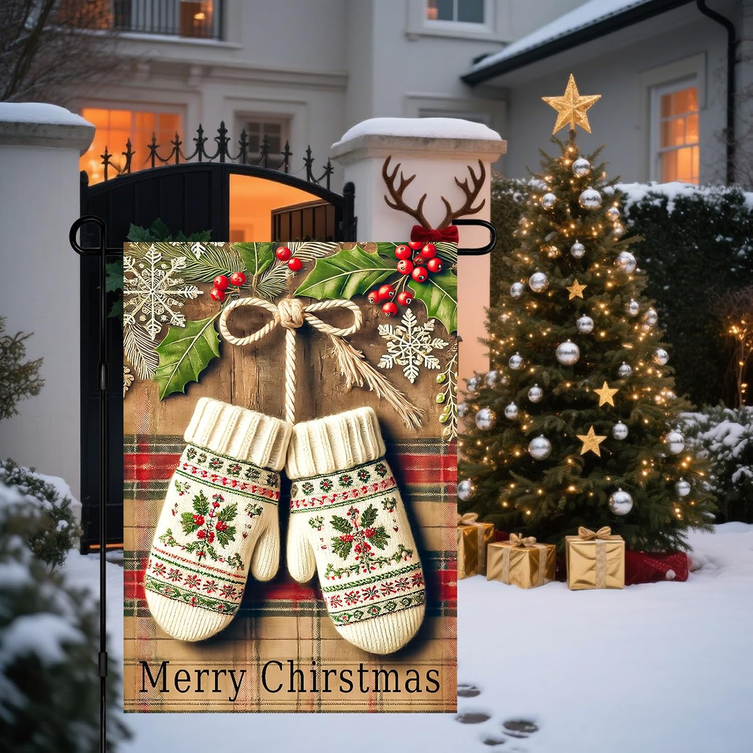 Christmas Garden Flag 12x18 Inch Welcome White Mittens Plaid Yard Flag Double Sided Holiday Outdoor Banner with Holly and Snowflakes for Winter Porch Lawn Patio - Image 5