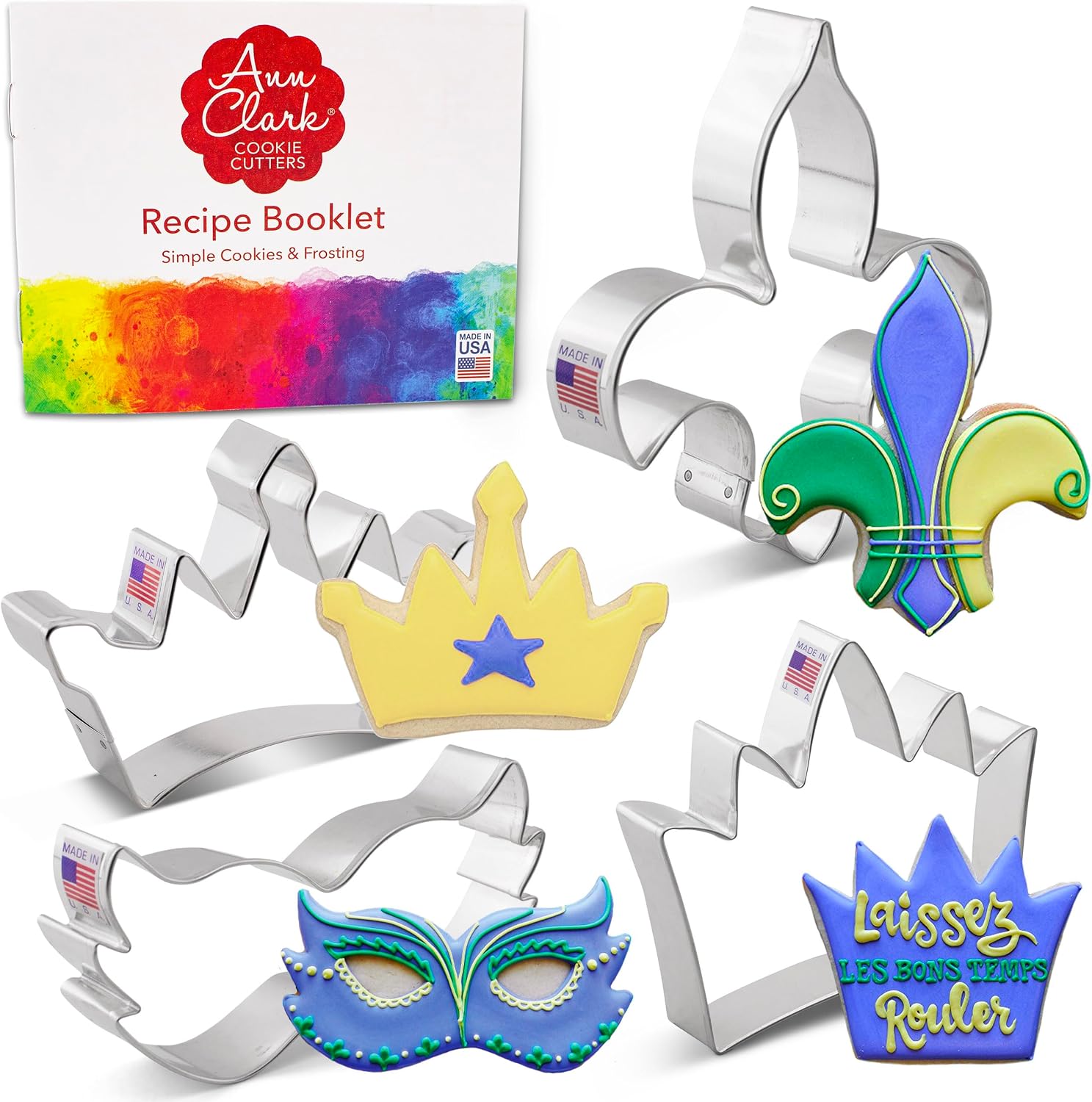 Ann Clark Mardi Gras Cookie Cutter Set of 4, Made in USA | Includes: 2 Crowns, Fleur de Lis, Mask, Perfect Size, America's Largest Cookie Cutter Maker, Food-Safe American Steel