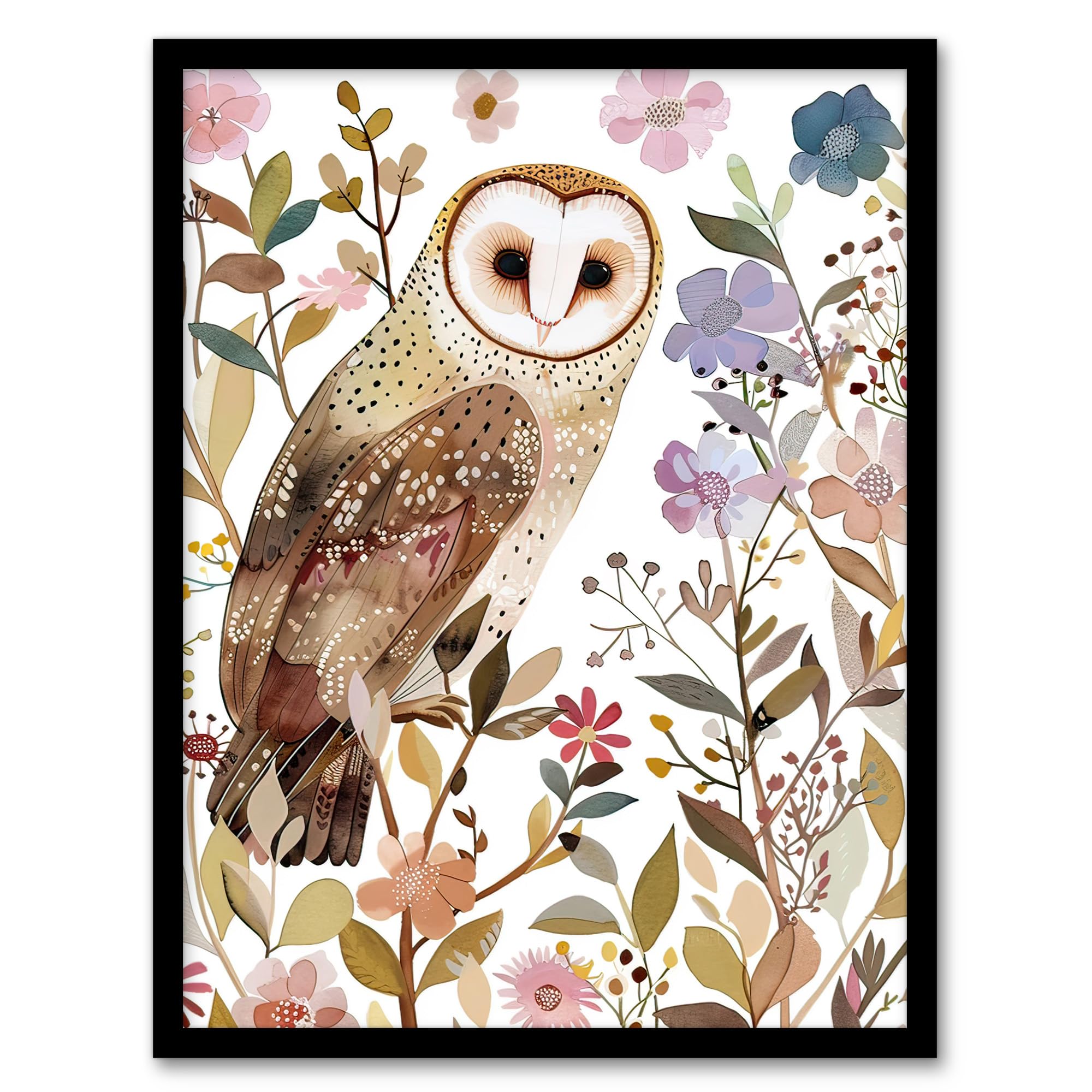 Artery8 Barn Owl Bird with Wildflowers Floral Watercolour Living Room Artwork Framed Wall Art Print 18X24 Inch