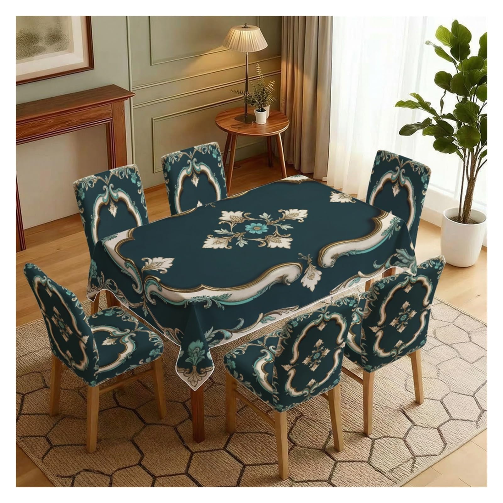 BOSUYBN European Baroque Dining Set, 5/7 Piece Tablecloth With Chair Covers, Luxury Vintage Floral Scroll Slipcovers For Elegant Interiors Table Setting(7pcs Set: Tablecloth+Chair Covers)