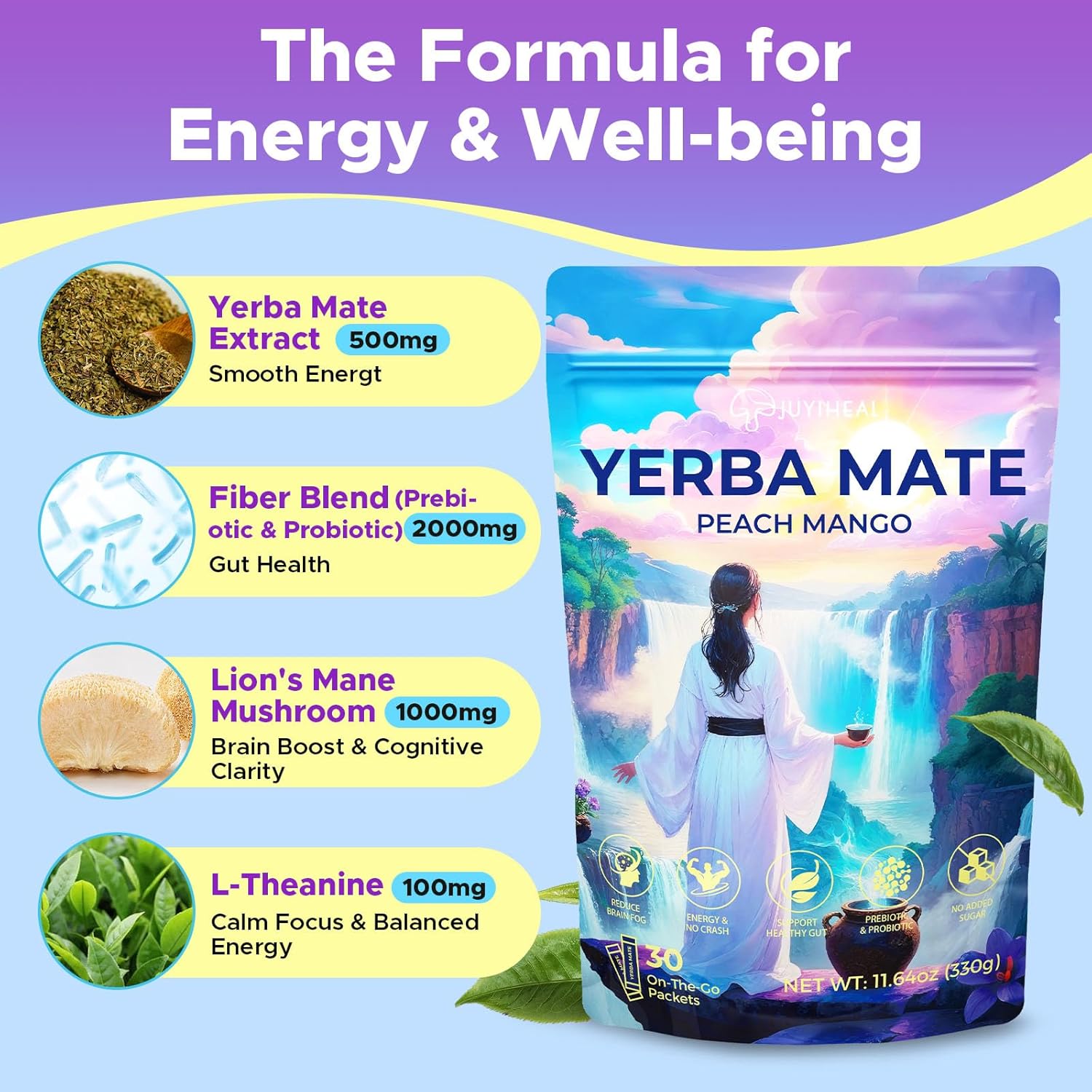 JUYIHEAL 30 Sticks Instant Yerba Mate Powder Packets, Clean Energy & Focus Drink Mix for Gut Health with Lions'mane, L-Theanine, Prebiotics & Probiotics, Sugar-Free, Peach Mango