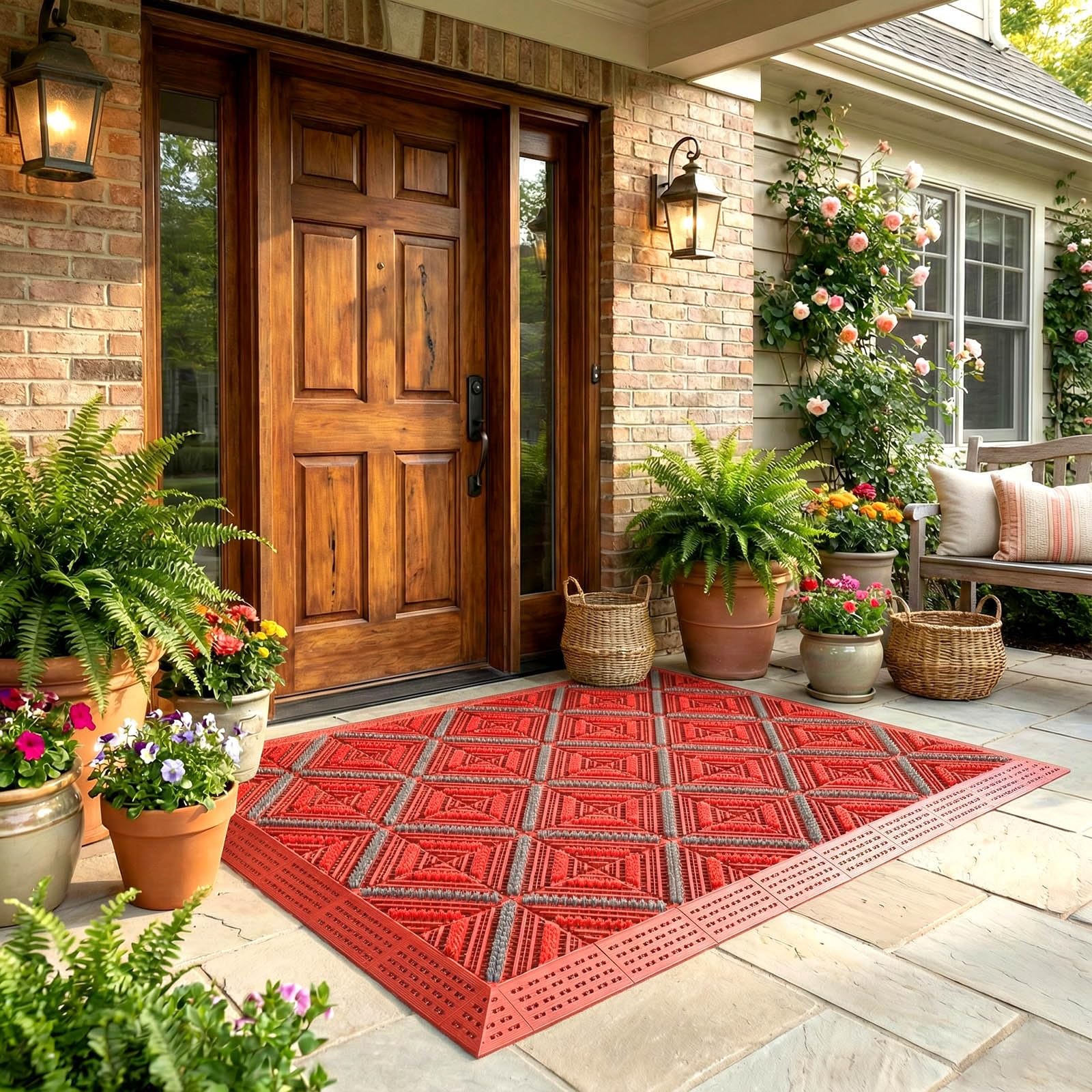 Felpudo de EVA resistente para todo tipo de clima con cepillo raspador, diseño entrelazado, impermeable, para garaje, patio, jardín, rojo y gris (60 x 90 cm, 3 cepillos)