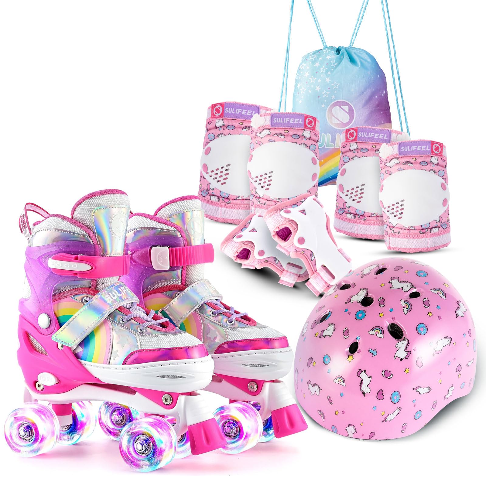 SULIFEELAdjustable Roller Skates for Beginner with Kids Sports Protective Equipment Combination