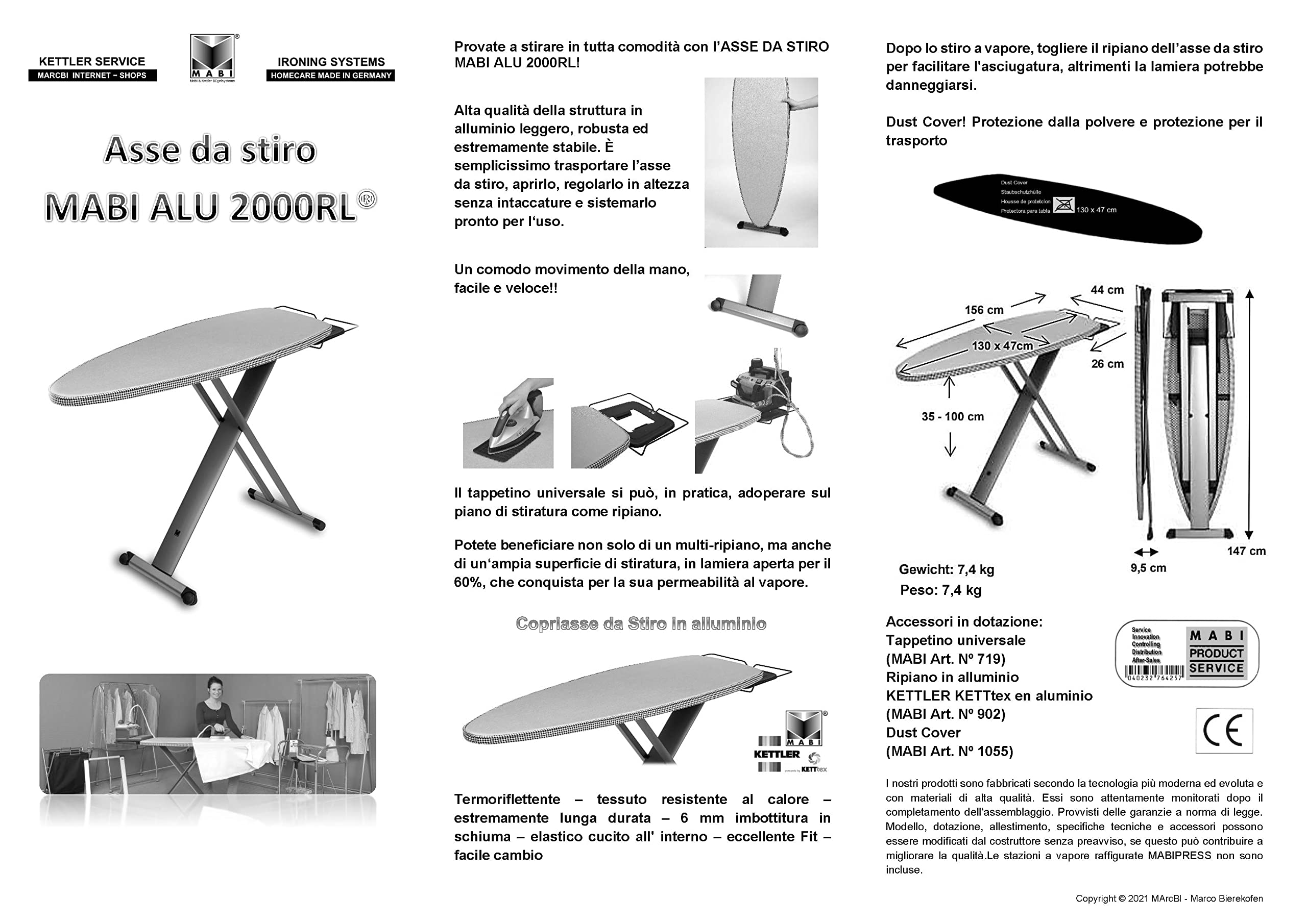 Mabi® 2000RL | Tabla de planchar profesional con superficie XXL 130×47 cm, muy estable, altura regulable y ruedas. | Con soporte XXL para plancha Homecare Made in Germany