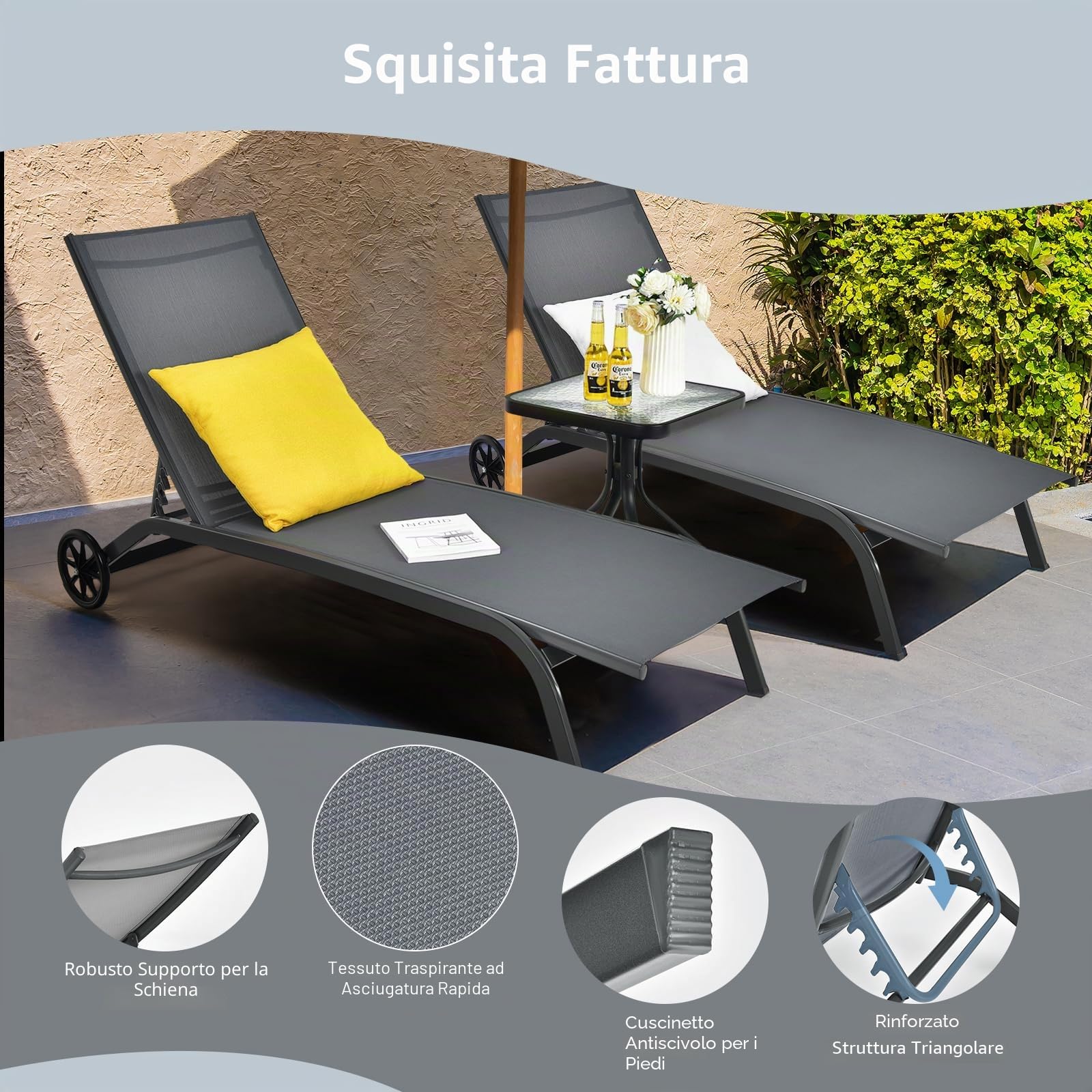 KOMFOTTEU Lettino Prendisole con Ruote e Schienale Regolabile, Sedia a Sdraio da Giardino Regolabile in 6 Livelli, Lettino da Spiaggia in Tessuto Textilene Portato 150 kg per Balcone, Piscina (Grigio)