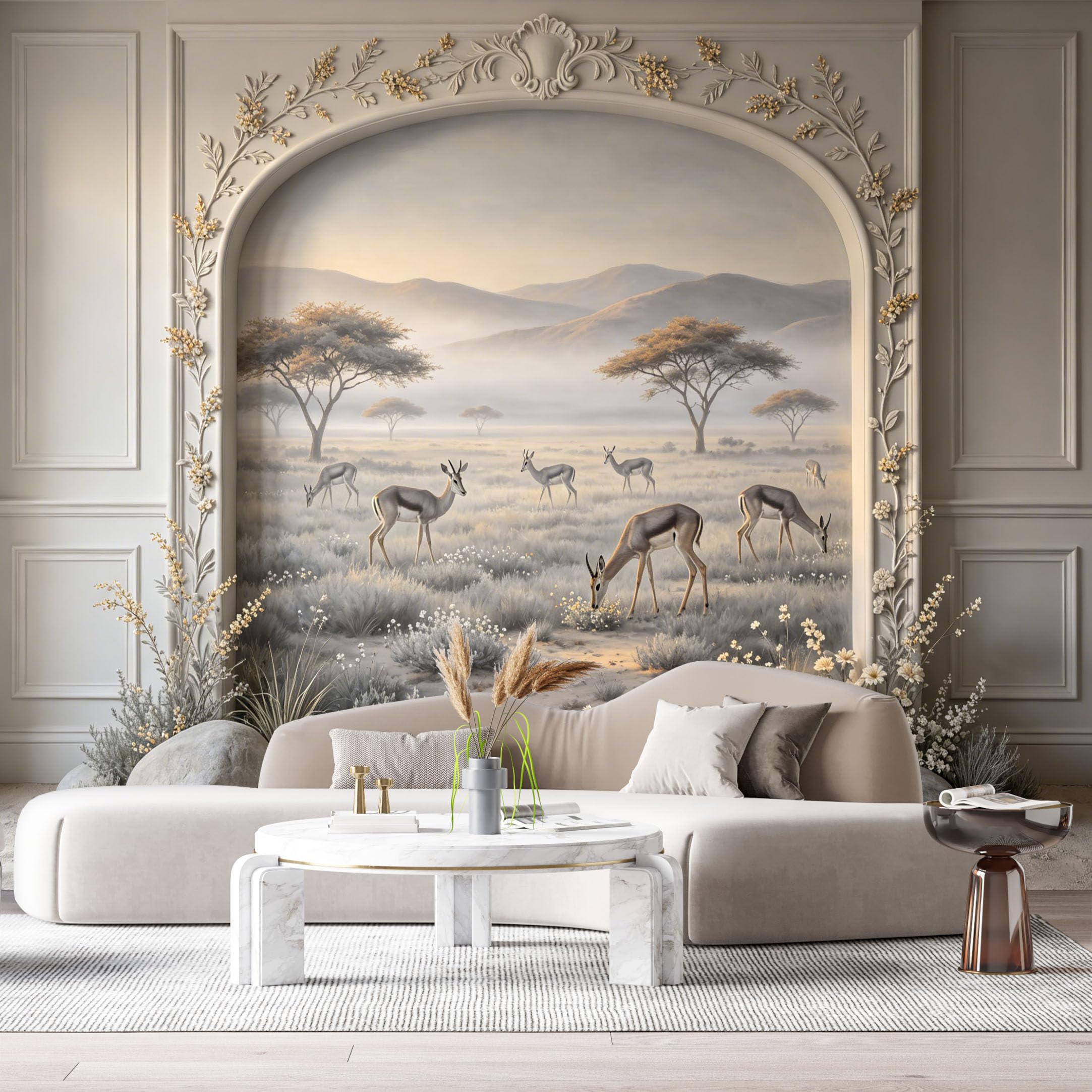 Custom Size Wall Murals Savannah Deer Landscape Oil Painting 3D Trompe L'Oeil SelfAdhesiveWall Fabric Removable Wallpaper Wall Decor for Living Room Bedroom Bathroom