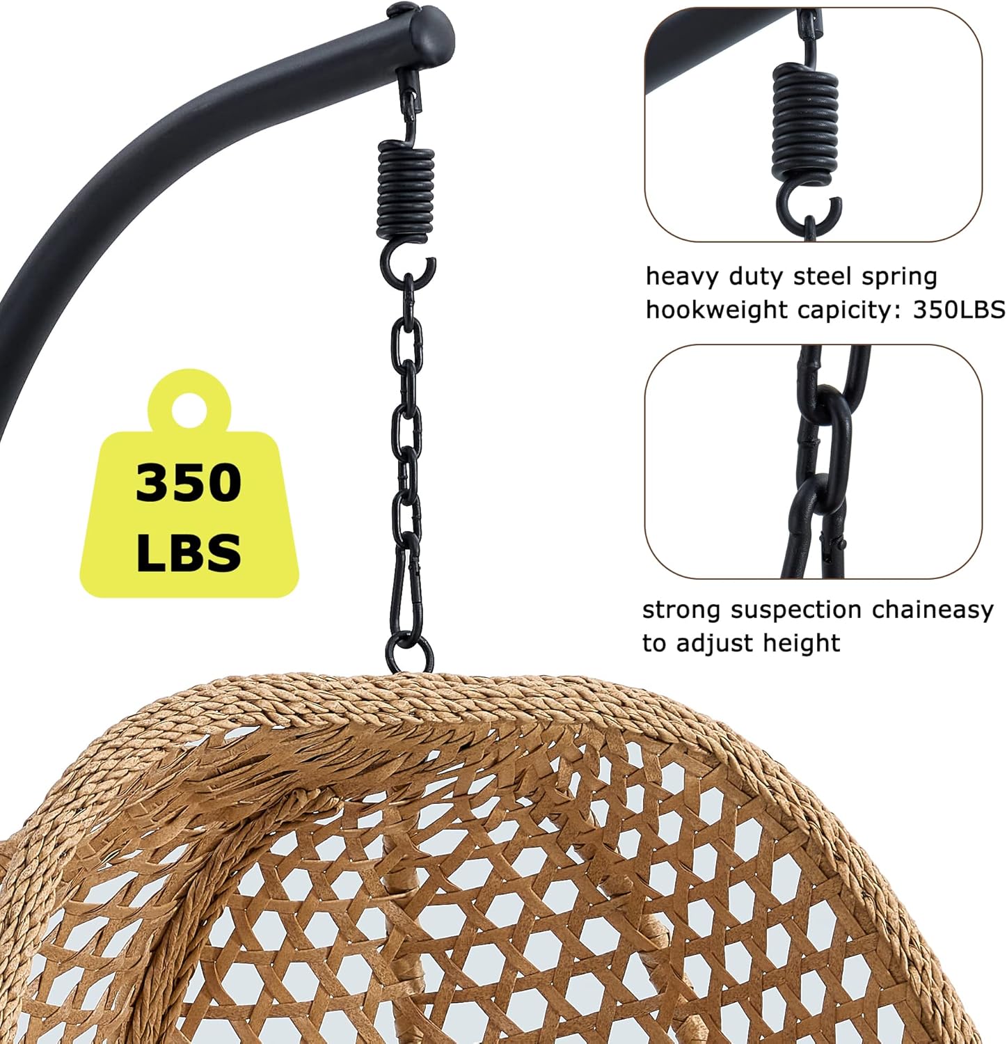 Hanging Egg Chair with Stand & Cushions, Outdoor and Indoor Hammock Rattan Swing Chair 350 lbs Capacity with Aluminum Steel Frame for Patio, Balcony, Backyard and Living Spaces (Light Brown)