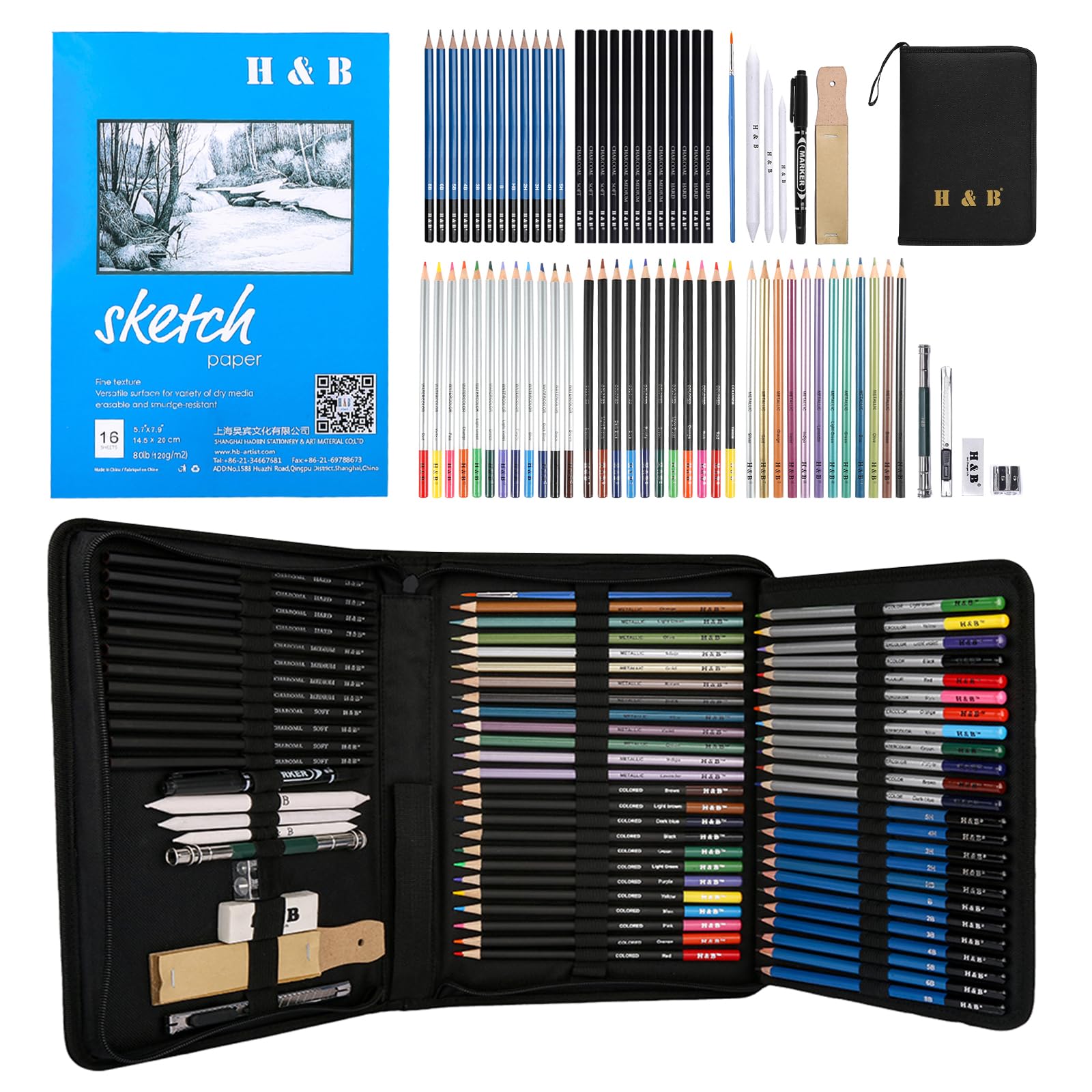 72-Piece Colored Pencils Set, Drawing Pencils and Sketching Kit, Complete Artist Kit, Includes Graphite Pencils, Metallic Color Pencils, Water-soluble Color Pencils Sketch Kit for Drawing