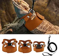 Pacote com 3 arnês e coleira de dragão barbudo ajustável, de couro macio, para lagarto, 3 tamanhos, com coleira retrátil, corda de tração de animais pequenos, acessórios para lagartos e outros répteis