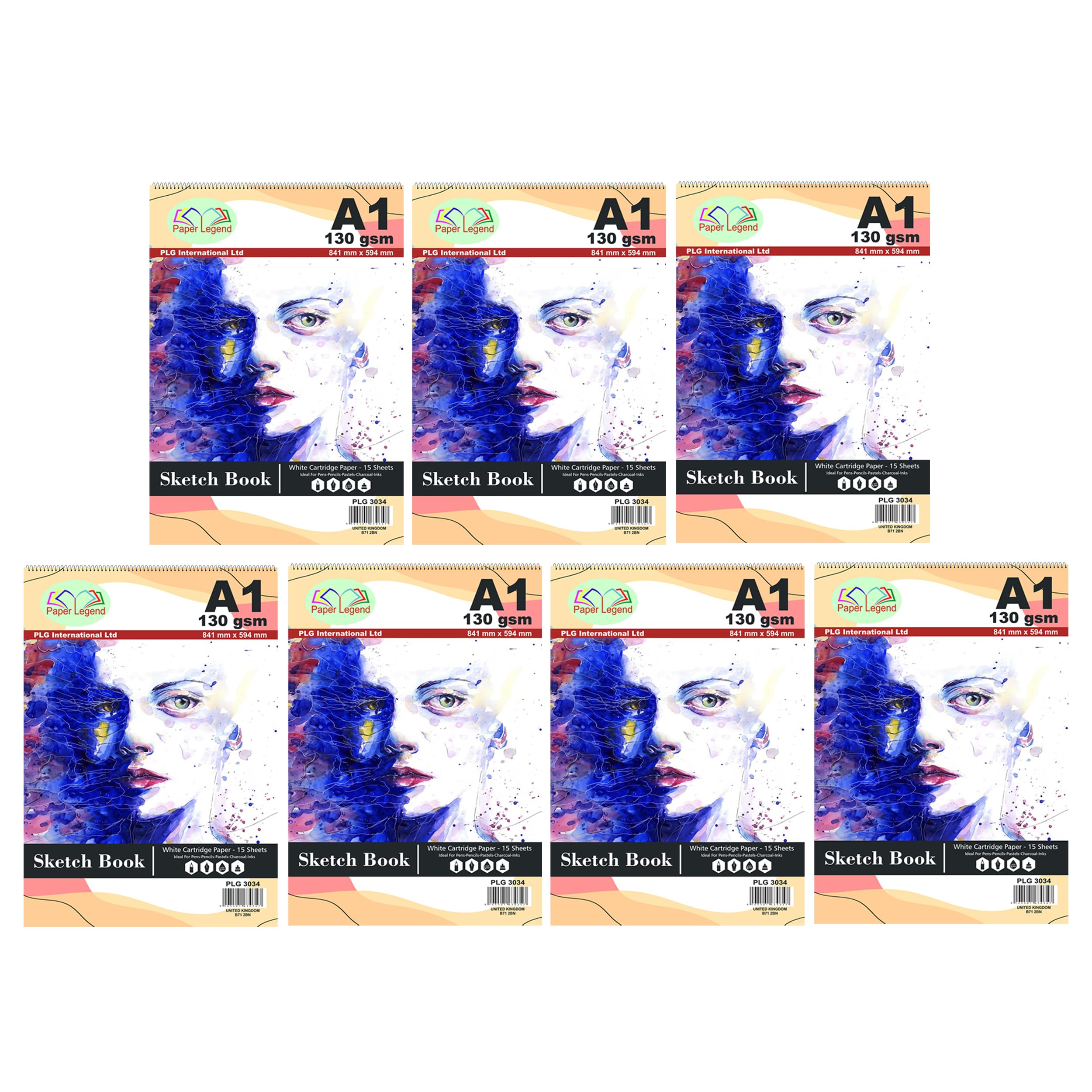 M1ss White Set Of 7 - A1 Large Spiral Bound Sketch Pad For Artist’s Hardback Art Book 130Gsm Thick Mixed Media Cartridge Paper Ideal For Drawing, Sketching, Painting