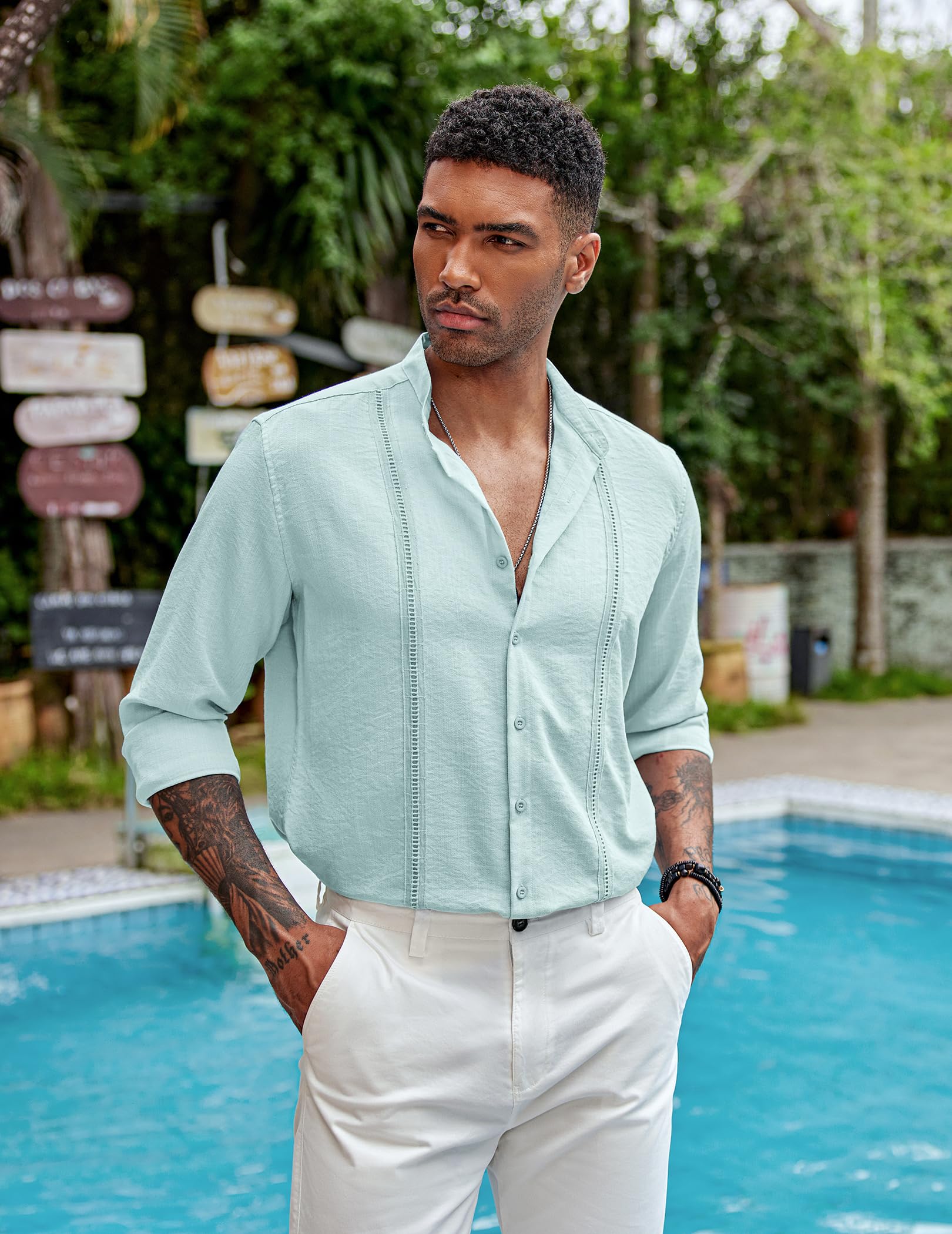 Coofandy Camicie da Uomo Cubana Guayabera Casual a Maniche Lunghe con Bottoni Camicie con Colletto a Fascia Camicie estive da Spiaggia in Lino