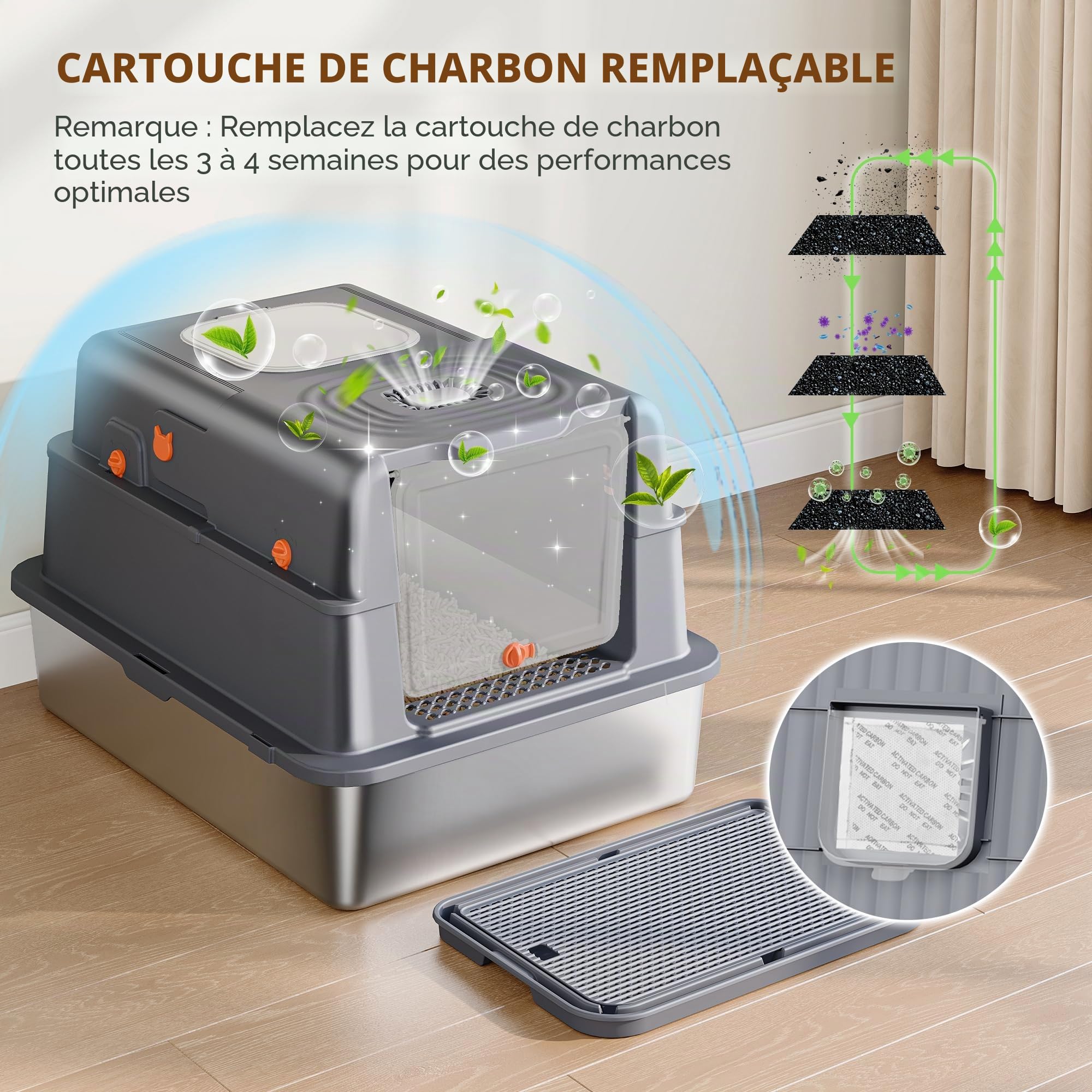 Bac à Litière en Acier Inoxydable XXXL, 70x50x42 cm, Gris Foncé | Bac à Litière Métallique Fermé avec Couvercle, 105° Couvercle à Charnière, Pédale et Pelle Incluse, Deux Portes FPLB206SG2