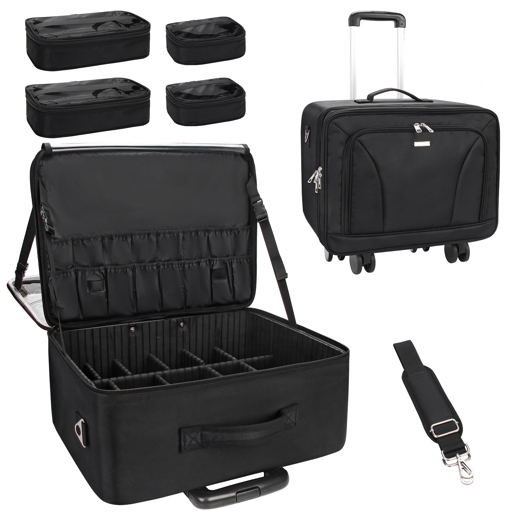MONSTINA Rolling Makeup Train Case with Detachable Universal Wheels,Professional Trolley Cosmetic Case, 3-Layer Cosmetic Organizer, Extra Large Makeup Travel Bag for Makeup Artist Hairstylist