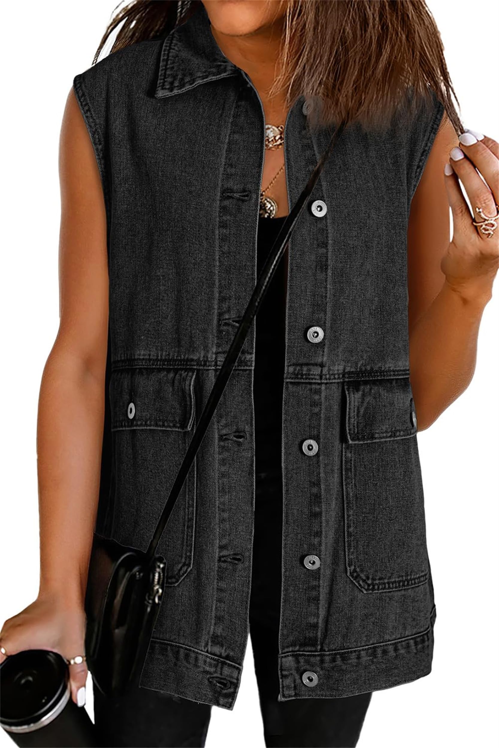 Gilet da donna in denim oversize Mid Long Jean gilet senza maniche button down giacca di jeans shacket con tasche