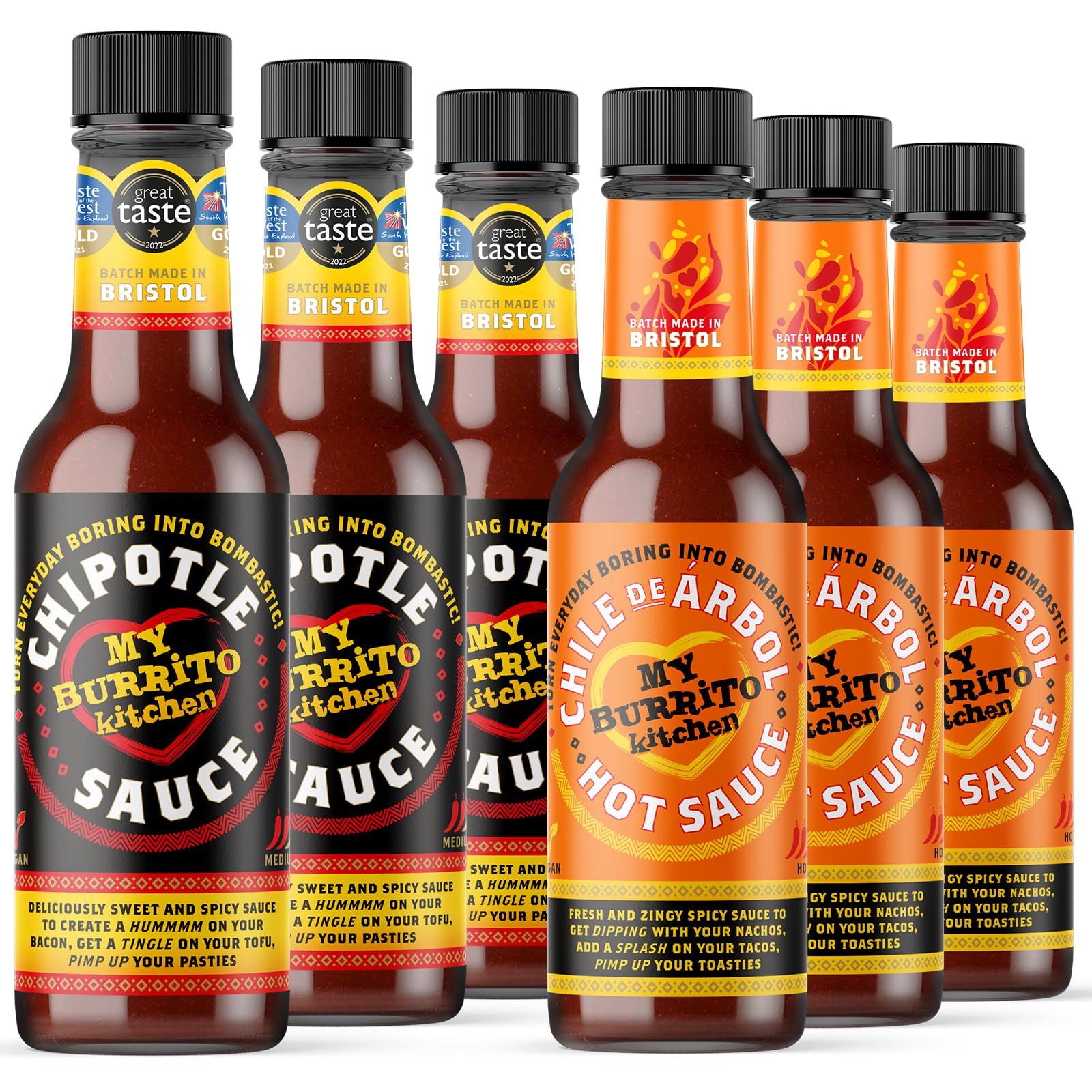 My Burrito Kitchen Hot Sauce Set (6 Bottles: 3 Chipotle, 3 Chile De Árbol) Mexican Alternate to Buffalo Sauce, Peri Peri Sauce, Brown Sauce, Sriracha Sauce. Hot Sauce Gift Set - Batch Made in Bristol