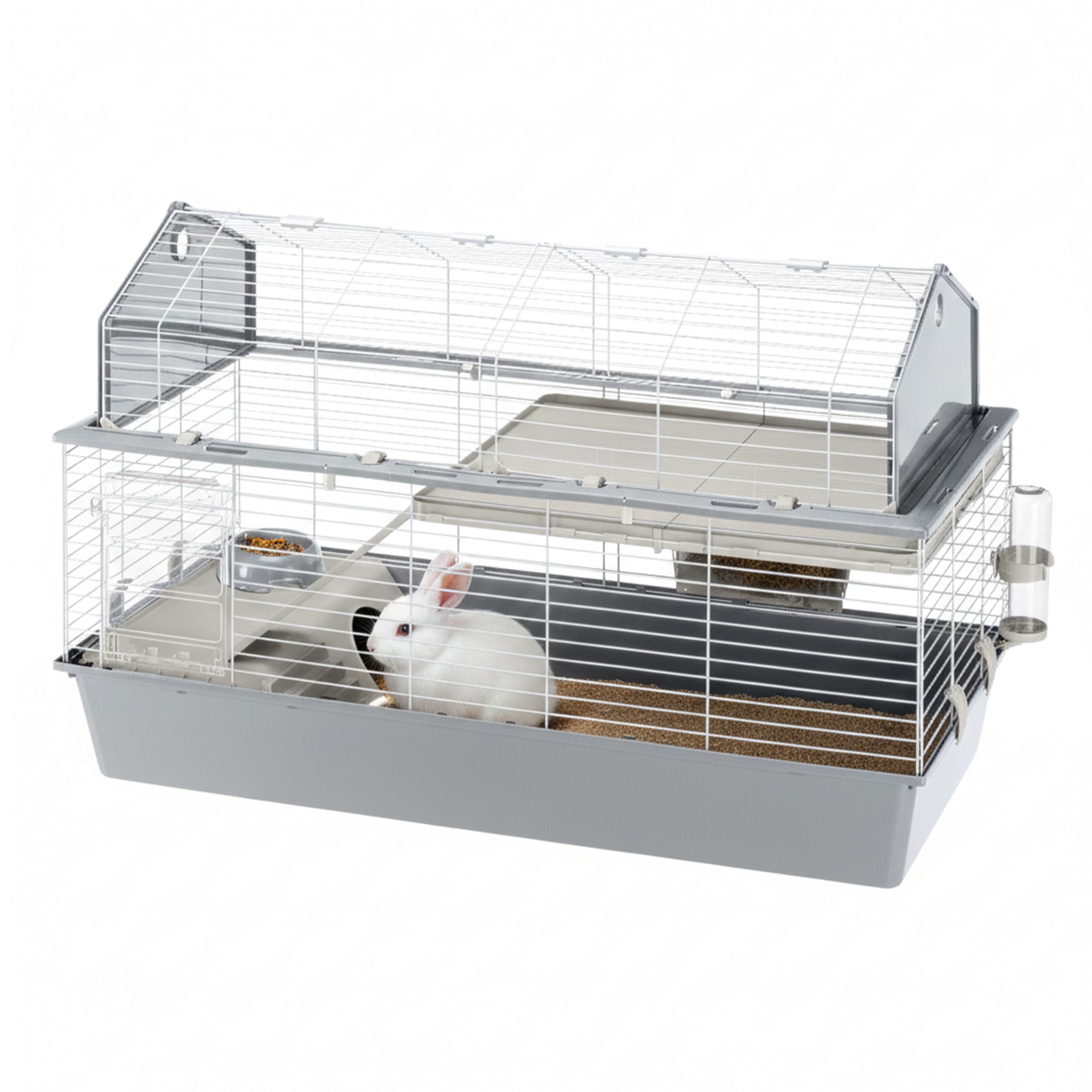 Ferplast Large rabbit cage BARN 120 Small pet home, American Barn Setting, Fully opening roof, Accessories and decorative stickers included, 119 x 58 x h 77 cm Grey