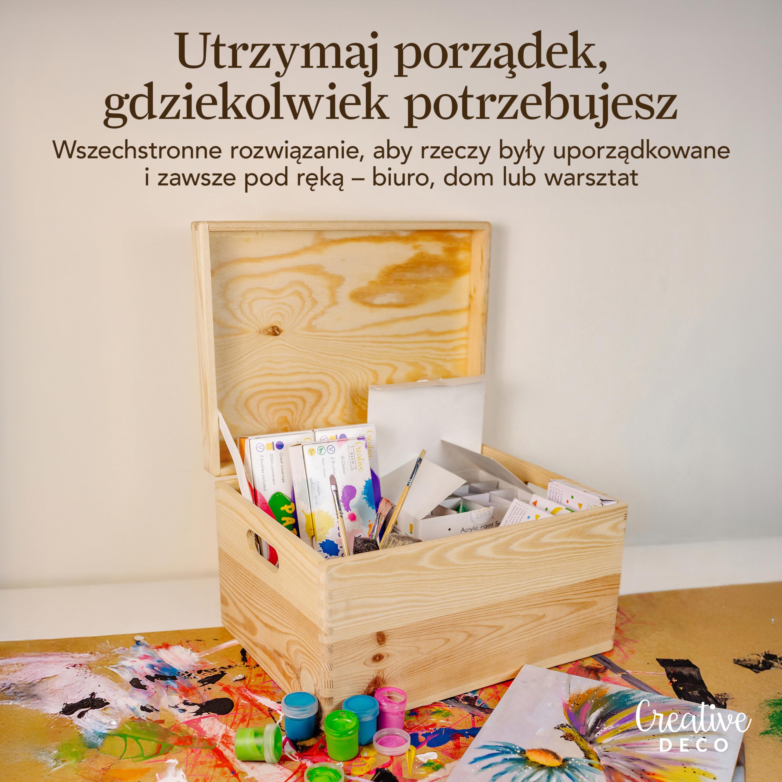 Creative Deco XXL Duże Drewniane Pudełko z Pokrywą do Dekoracji | 39 x 29 x 22 cm (+/- 1cm) | z Uchwytami | Niemalowana Skrzynia z Drewna na Wielkanoc Zabawki Narzędzia | SUROWE i NIEOSZLIFOWANE