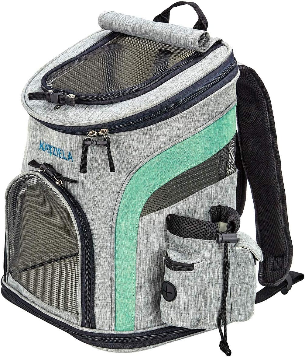 Katziela Pet Carrier Backpack - for Small Dogs and Cats - Water Bottle, Waste Bag and Storage Pouches, 3 Mesh Windows, Leash Hook - 3 Option Top: Open, Mesh or Shade - Bonus: 2 Poop Bag Rolls – Green